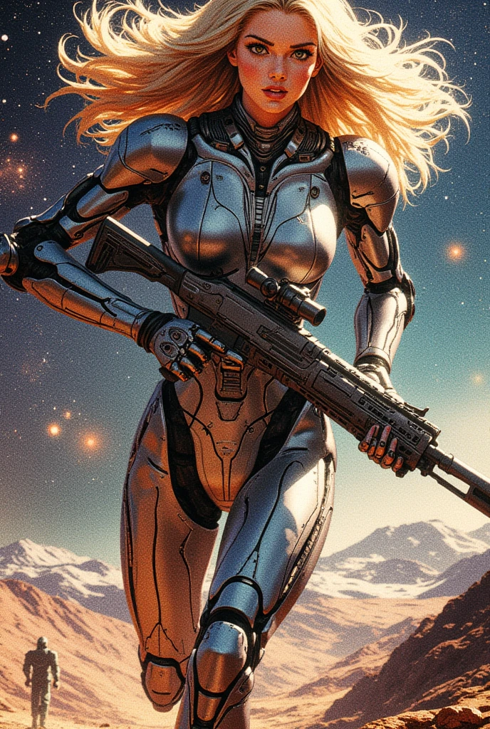 masterpiece,best quality,ultra detailed,adult woman,beautiful face,perfect face,highly detailed beautiful face and eyes,attractive face,large breasts,long blonde hair,green eyes,europian,silver mechanical body,beam rifle,running leaning forward,space background
