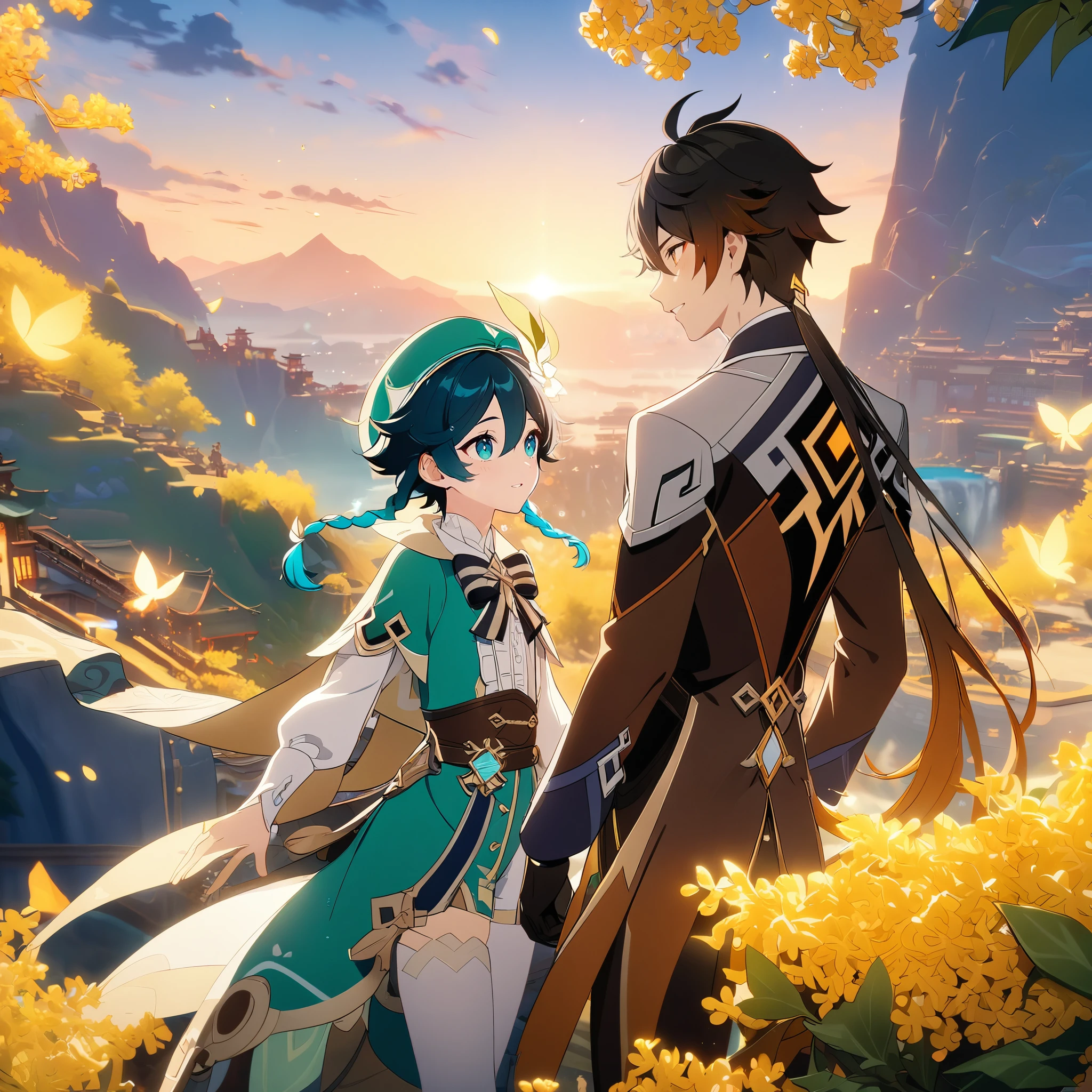 (best quality,4k,8k,highres,masterpiece:1.2),2boys,couple,zhongli_/(genshin_impact/) embracing venti_/(genshin_impact),male focus,intricately detailed,by carnelian, cel shading, fantasy china background, liyue, mountains,osmanthus flowers,male focus,romantic pair,volumetric lighting, sunset, golden illumination, wise and kind god,cinematic lighting, ray tracing, UHD, high details, high quality, award winning, super detail,vivid fantasy painting,hd color,size_difference,flat chest 