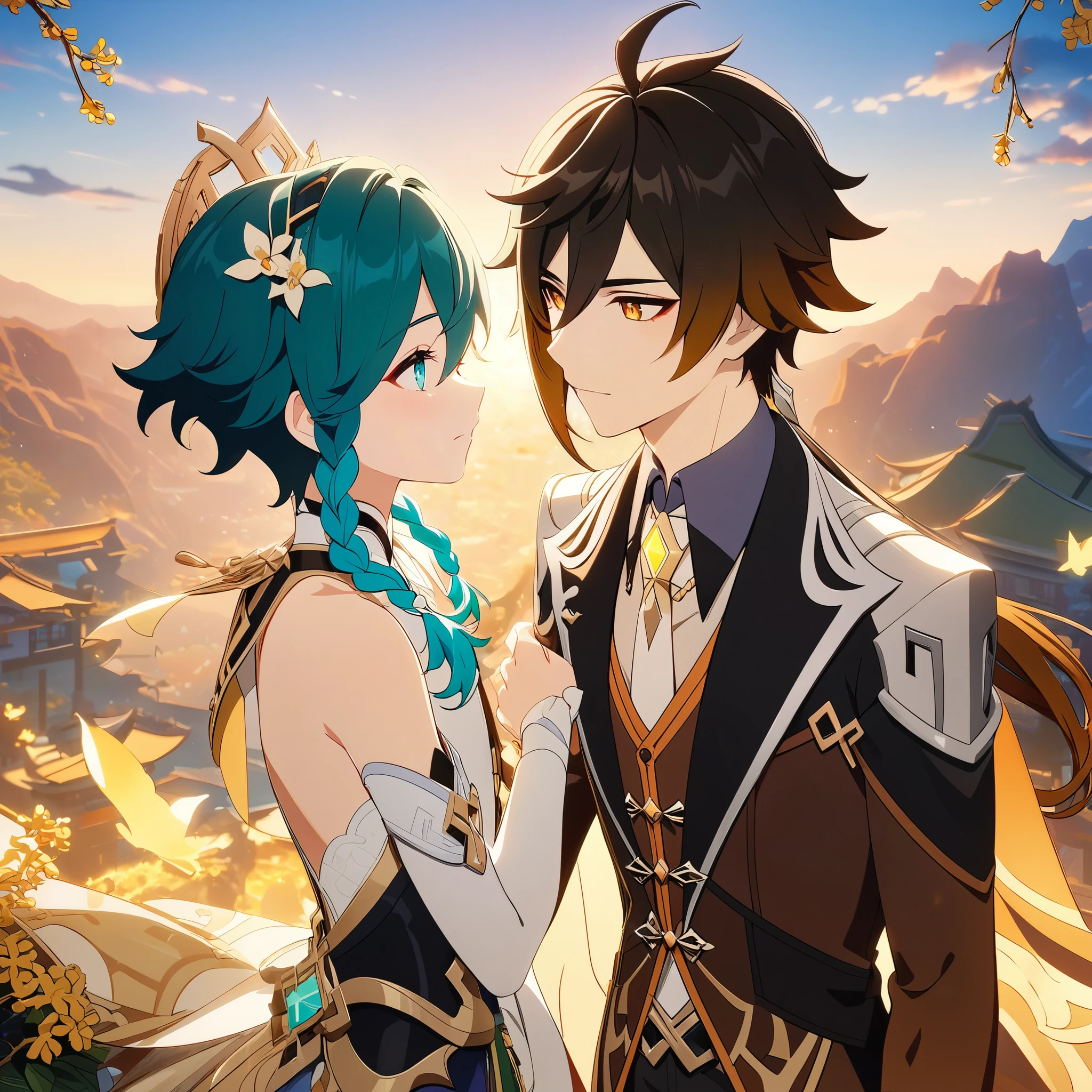 (best quality,4k,8k,highres,masterpiece:1.2),2boys,couple,zhongli_/(genshin_impact/) embracing venti_/(genshin_impact),male focus,intricately detailed,by carnelian, cel shading, fantasy china background, liyue, mountains,osmanthus flowers,male focus,romantic pair,volumetric lighting, sunset, golden illumination, wise and kind god,cinematic lighting, ray tracing, UHD, high details, high quality, award winning, super detail,vivid fantasy painting,hd color,size_difference,flat chest 