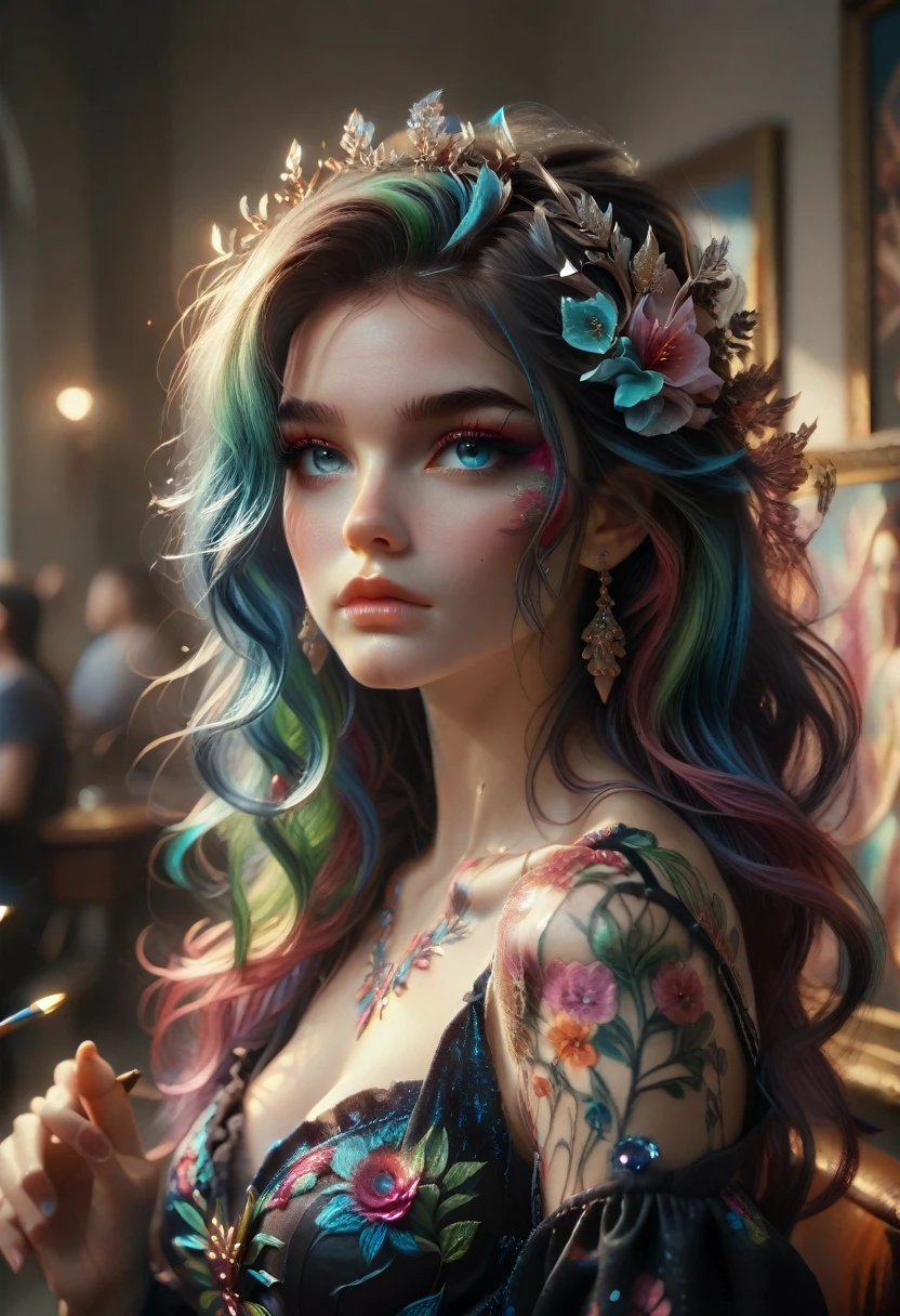 Painting of a woman with long hair and multicolored hair, beautiful digital illustration, stunning digital illustration, gorgeous digital art, beautiful artistic illustration, beautiful digital artwork, beautiful digital art, Exquisite digital illustration, complex digital painting, very beautiful digital art, bright digital painting, beautiful gorgeous digital art, psychedelic flowing hair, Color digital painting, Inspiring digital art, stylized digital art