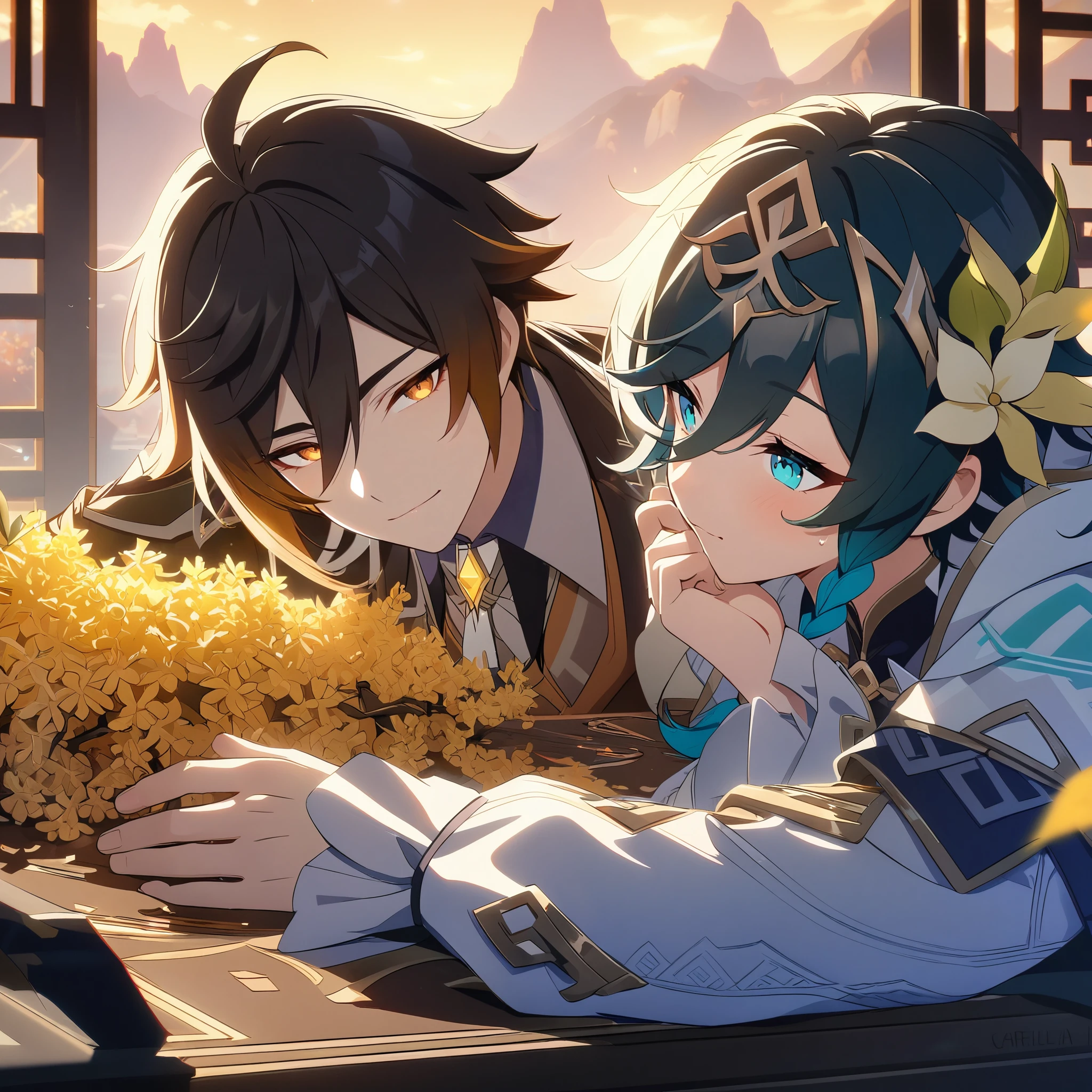 (best quality,4k,8k,highres,masterpiece:1.2),2boys,couple,zhongli_/(genshin_impact/) embracing venti_/(genshin_impact),male focus,intricately detailed,by carnelian, cel shading, fantasy china background, liyue, mountains,osmanthus flowers,male focus,romantic pair,volumetric lighting, sunset, golden illumination, wise and kind god,cinematic lighting, ray tracing, UHD, high details, high quality, award winning, super detail,vivid fantasy painting,hd color,size_difference,flat chest 