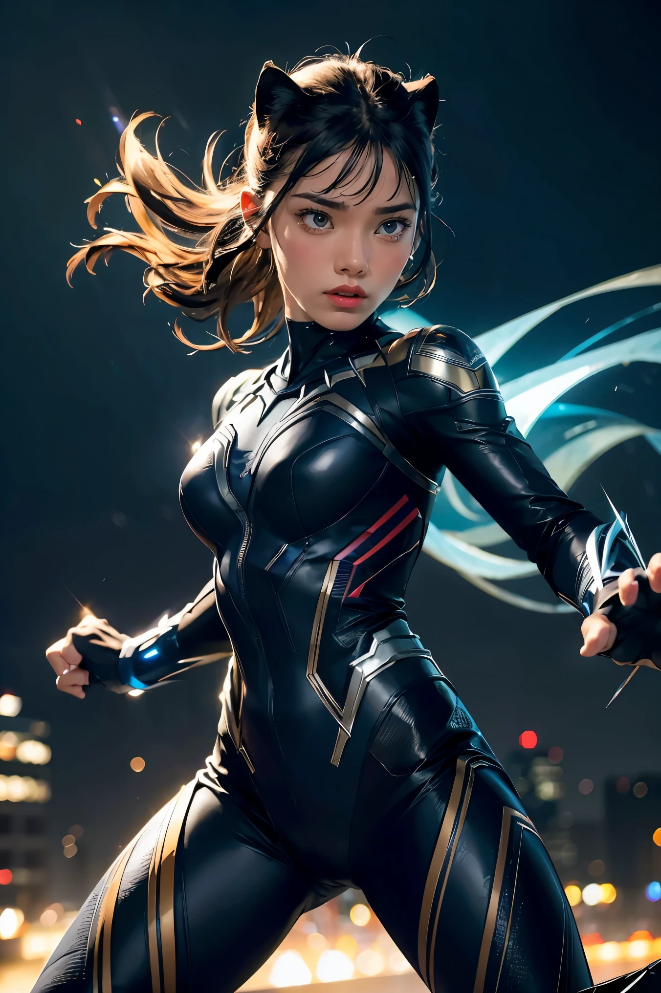 (best quality,highres:1.2), realistic, vibrant colors, detailed face and expression, fierce gaze, powerful stance, , glowing vibranium claws, night scene, strong lighting, superhero, action-packed, dynamic pose, 1 girl, Black panther suit,