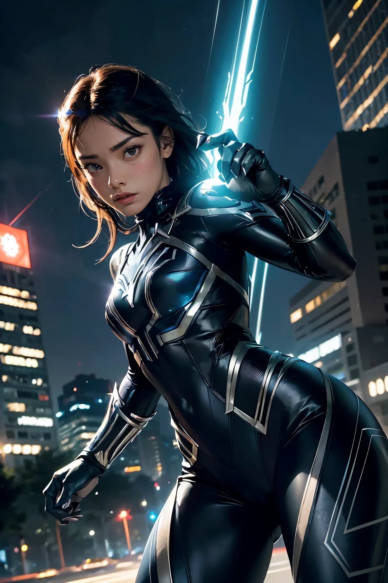 (best quality,highres:1.2), realistic, vibrant colors, detailed face and expression, fierce gaze, powerful stance, , glowing vibranium claws, night scene, strong lighting, superhero, action-packed, dynamic pose, 1 girl, Black panther suit,