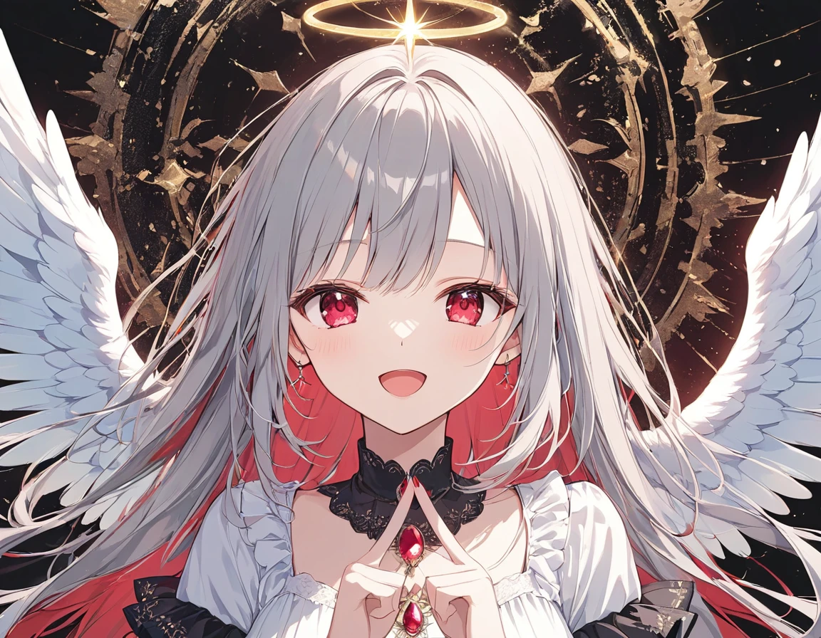 Anime Style,One Woman,Angel,Wink,Open your mouth,Jagged,Gray Hair,Long Hair,Red eyes,Shining Eyes,Shining Eyesのハイライト,Wings the size of a ruby,White Dress,Black pattern,disaster々Shii,Peace sign Emphasis on woman,Blur the background,A masterpiece from the front angle,Best Quality,Exquisite,8k,Absurd,Ultra-detailed illustrations,(Looking at the audience)