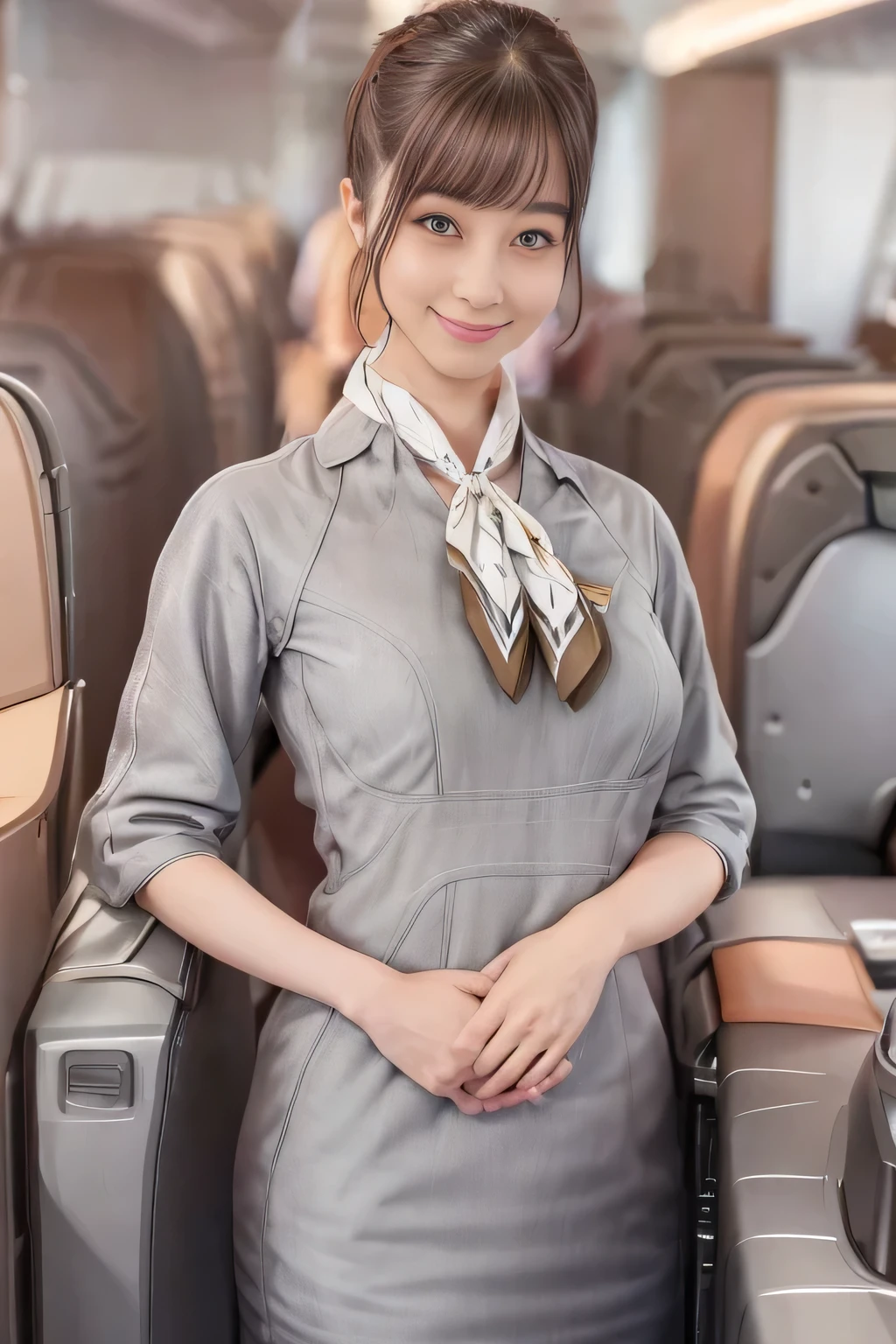 (masterpiece:1.2, Best Quality:1.2), 32K HDR, High resolution, (alone、1 girl)、（Starlux Airlines Cabin Crew Uniform）、 (At the airport counter, Professional Lighting)、A proper woman, Beautiful Face,、（Starlux Airlines Cabin Crew Uniform Short Sleeve）、（Starlux Airlines Cabin Crew Uniform）、（Scarf on chest）、Big Breasts、（Long Hair、Hair Bun）、dark brown hair、Long Shot、（（Great hands：2.0）），（（Harmonious body proportions：1.5）），（（Normal limbs：2.0）），（（Normal finger：2.0）），（（Normal eyes：2.0））)、Beautiful position、smile、Hands down