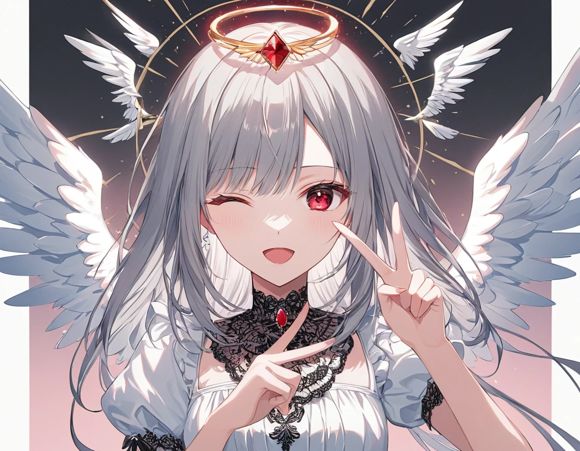 Anime Style,One Woman,Angel,Wink,Open your mouth,Jagged,Gray Hair,Long Hair,Red eyes,Shining Eyes,Shining Eyesのハイライト,Wings the size of a ruby,White Dress,Black pattern,disaster々Shii,Peace sign Emphasis on woman,Simple Background,White,Blur the background,A masterpiece from the front angle,Best Quality,Exquisite,8k,Absurd,Ultra-detailed illustrations,(Looking at the audience)