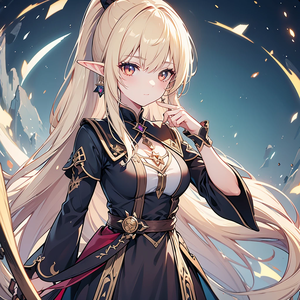 Eye patch、、Witch costume、elf、grimoire、magic circle、A look that seems to be relaxed、Long Hair, chest, Blonde, ponytail, Pointy Ears, Highest quality, Snap your fingers、One Woman, Detailed face, Soft Lighting, Soft Light, Soft Focus, Perfect Face, Beautiful and accurate anatomy, Expose too much, 8k, 4K, (High resolution:1.1), Best Quality, (masterpiece:1.3), One girl, Alone, jewelry, brown eyesSee viewers, Earrings on only one ear