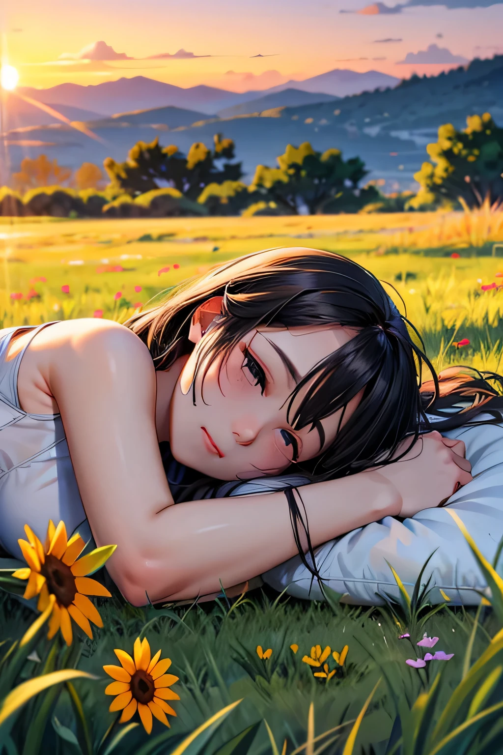 Lying on the withered grass、Breathe in the sunset