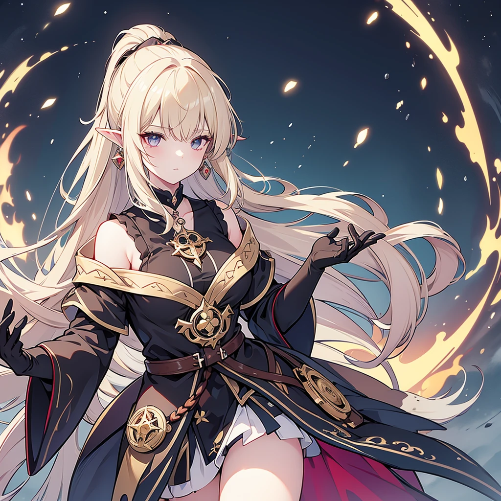 Eye patch、、Witch costume、elf、grimoire、magic circle、A look that seems to be relaxed、Long Hair, chest, Blonde, ponytail, Pointy Ears, Highest quality, Snap your fingers、One Woman, Detailed face, Soft Lighting, Soft Light, Soft Focus, Perfect Face, Beautiful and accurate anatomy, Expose too much, 8k, 4K, (High resolution:1.1), Best Quality, (masterpiece:1.3), One girl, Alone, jewelry, brown eyesSee viewers, Earrings on only one ear