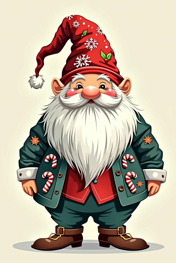 Christmas Gnome with a big bushy beard and a hat covering his face, the suit and hat with large Christmas motifs, all in one vector image using 4 colors with high contrast and with modern and elegant style 