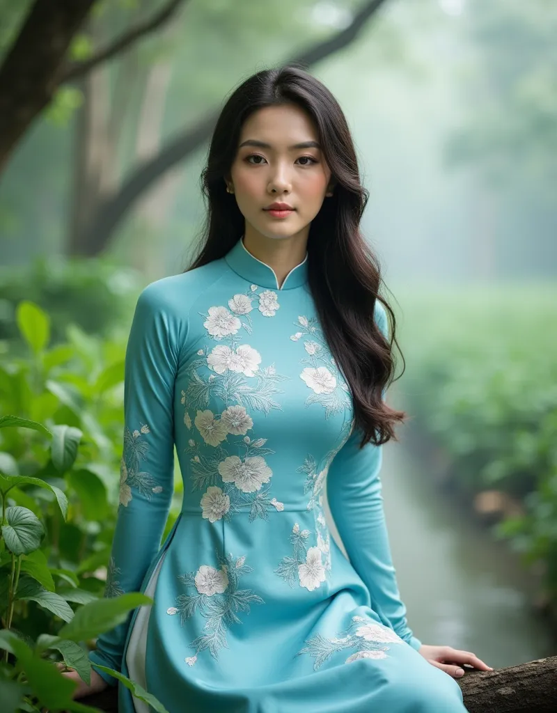 a stunning young woman with long, dark hair and delicate features wearing an intricately embroidered, soft silk traditional viet...