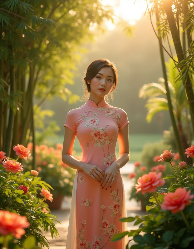 A serene beautiful young woman wearing a traditional Vietnamese ao dai, intricately embroidered with floral motifs and subtle silk patterns, situated amidst a lush Vietnamese garden, surrounded by vibrant tropical flowers and delicate bamboo trees, in warm, golden, late-afternoon sunlight, evoking the elegance and refinement of vintage Vietnamese culture.