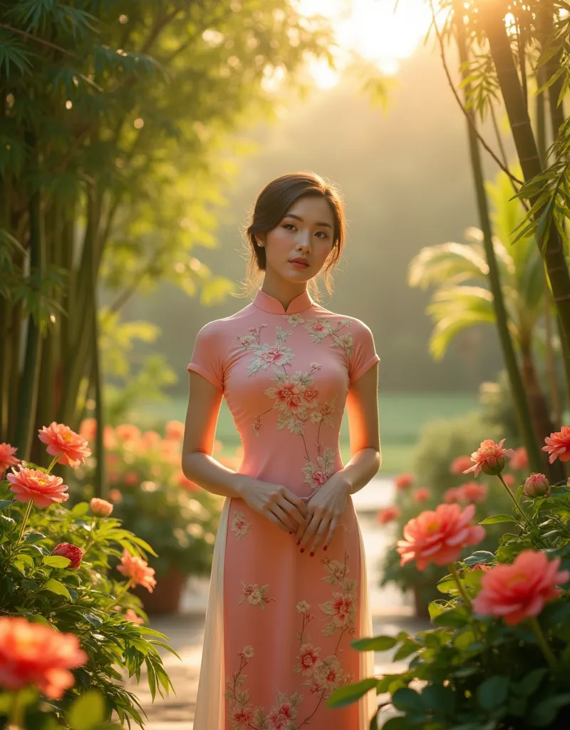 a serene beautiful young woman wearing a traditional vietnamese ao dai, intricately embroidered with floral motifs and subtle si...