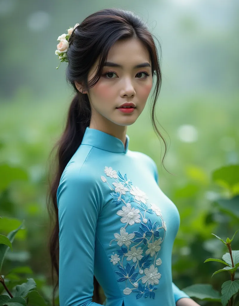 a stunning young woman with long, dark hair and delicate features wearing an intricately embroidered, soft silk traditional viet...