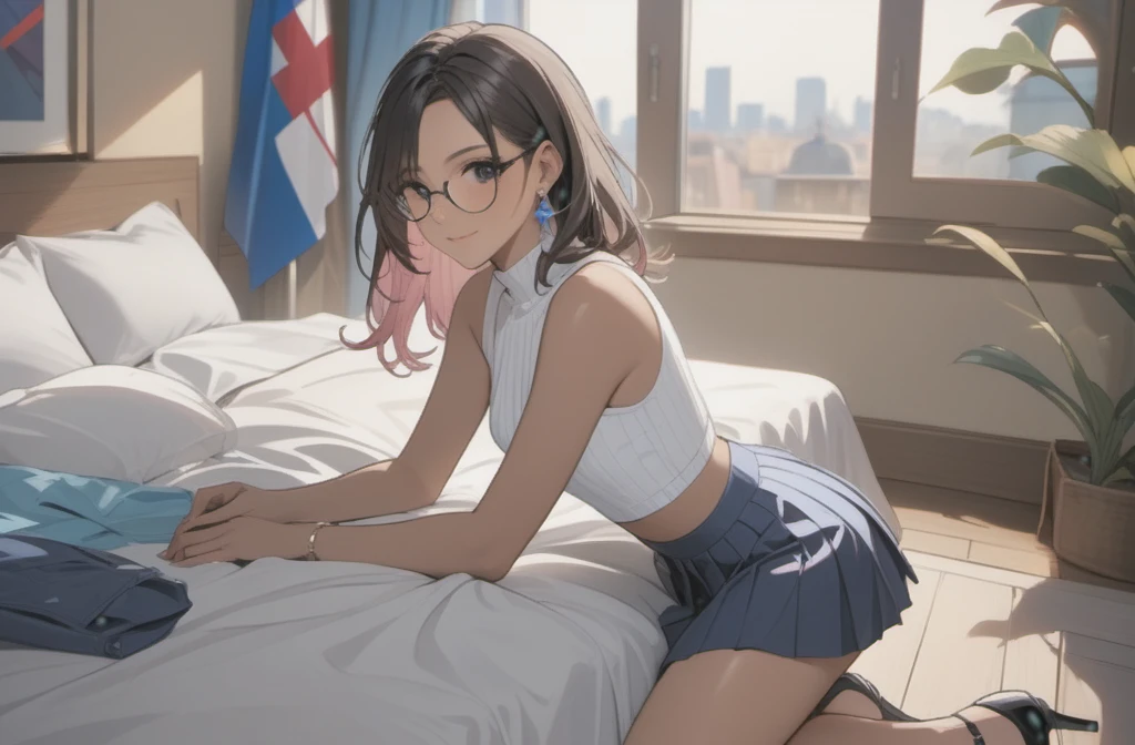 a woman with pleated skirt, sleeveless top, clothes with trans flag colors((pink white and blue)), black eyes, (((brown skin))), long wavy black hair, wearing high heel sandals, lying on bed, cute smile, bedroom background, high quality, masterpiece, anatomically correct, detailed background, better quality, original work, focus on details, people's watching around, front view, earrings, wind blowing through window, eye glasses, clothes style variations 