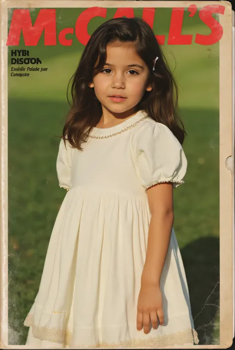 1970 magazine (cover say "McCall's""Dress for girls"), (((full body))) a  7 year-old child, standing, front view, (looking at viewer:1.2),(long hair:1.2), black hair, messy hair, (hairclip:1.2), pale skin, jesusito,jesusito dress