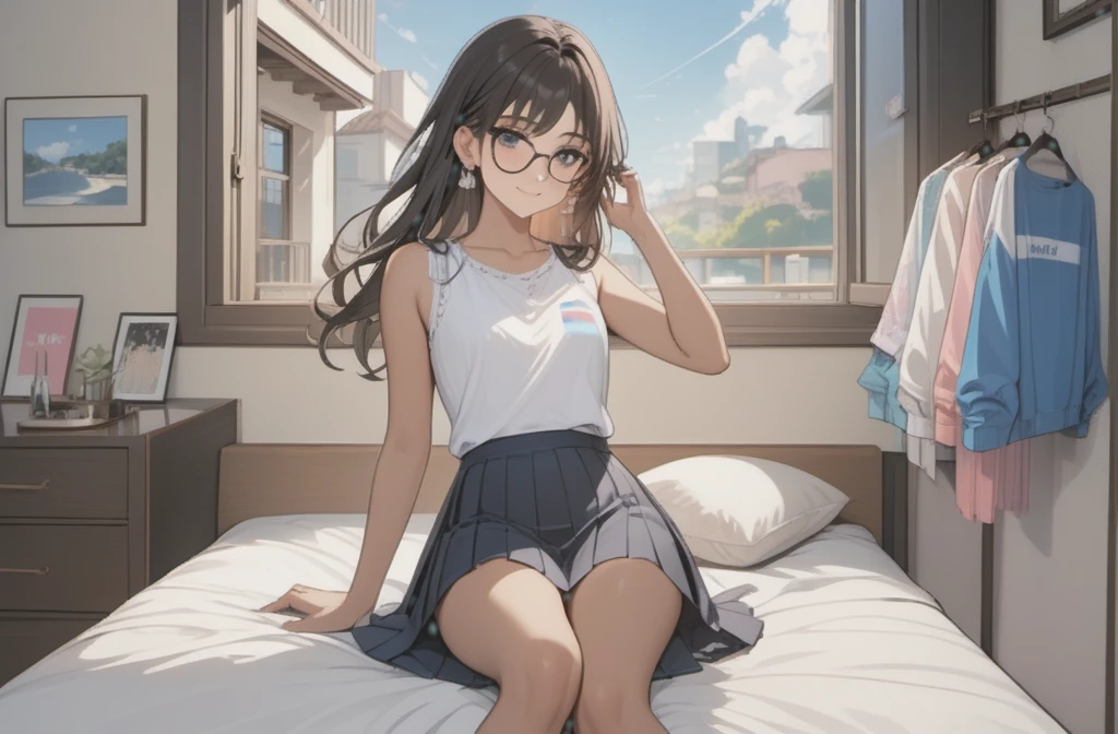 a woman with pleated skirt, sleeveless top, clothes with trans flag colors((pink white and blue)), black eyes, (((brown skin))), long wavy black hair, wearing high heel sandals, lying on her back in bed, cute smile, bedroom background, high quality, masterpiece, anatomically correct, detailed background, better quality, original work, focus on details, people's watching around, front view, earrings, wind blowing through window, eye glasses, clothes style variations 