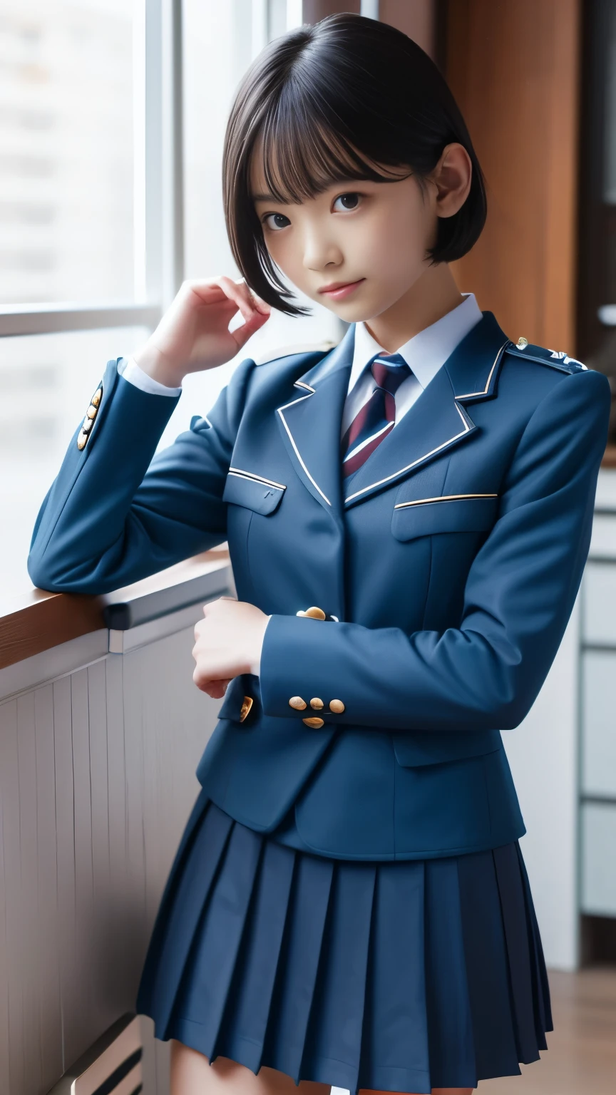 (Highest Resolution, clearly_image), Best Quality, masterpieceHighly detailed, Semi-realistic, A woman with shoulder-length black hair, Dark Eyes, Immature, Immatureなwoman, Royal Sister, sexy, short hair, Triple Van, Light blue Uniform, Light blue jacket, soldier, Light blue pleated skirt, Micro Mini Skirt、Uniform, Fighter Frontline, future, SF, universe