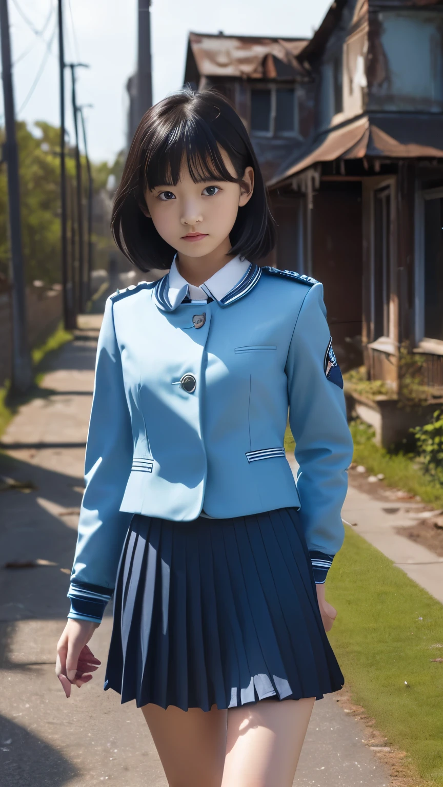 (Highest Resolution, clearly_image), Best Quality, masterpieceHighly detailed, Semi-realistic, A woman with shoulder-length black hair, Dark Eyes, Immature, Immatureな少女, Royal Sister, sexy, short hair, Triple Van, Light blue Uniform, Light blue jacket, soldier, Light blue pleated skirt, Micro Mini Skirt、Uniform, Fighter Frontline, future, SF, universe、The girl is walking alone down the alley、(((A girl has her crotch caressed by a middle-aged man:1.5)))、(((The middle-aged man、He took the girl to an abandoned old house.、Raped a girl:1.5)))、