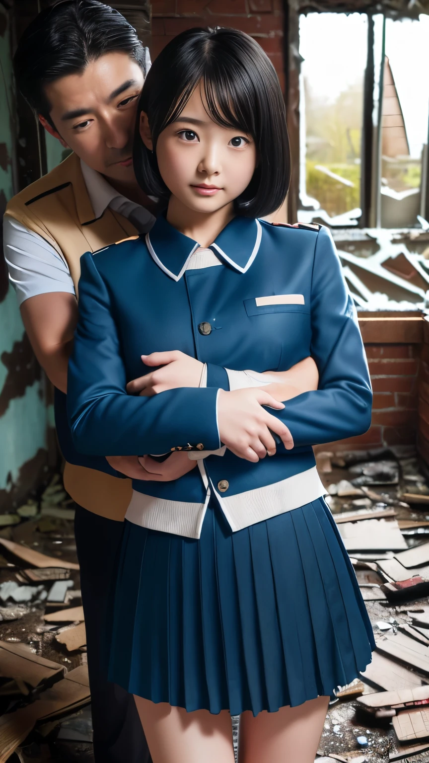 (Highest Resolution, clearly_image), Best Quality, masterpieceHighly detailed, Semi-realistic, A woman with shoulder-length black hair, Dark Eyes, Immature, Immatureな少女, Royal Sister, sexy, short hair, Triple Van, Light blue Uniform, Light blue jacket, soldier, Light blue pleated skirt, Micro Mini Skirt、Uniform, Fighter Frontline, future, SF, universe、The girl一人路地裏を歩いている、(((The girl、Being hugged by a man、Having my groin caressed:1.5)))、(((The middle-aged man、He took the girl to an abandoned old house.、Had sex:1.8)))、