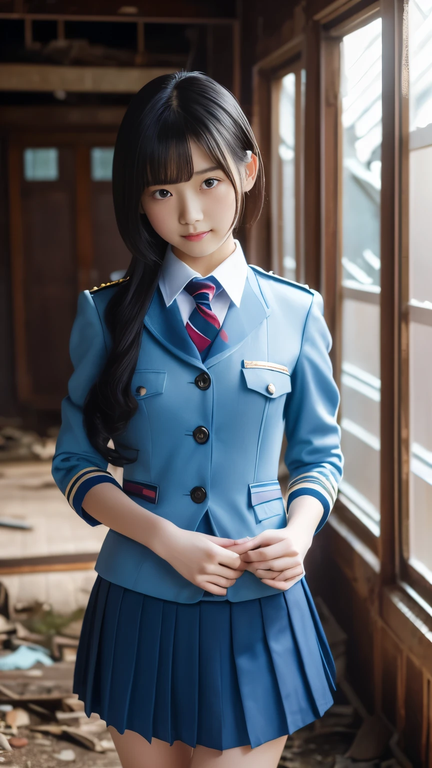 (Highest Resolution, clearly_image), Best Quality, masterpieceHighly detailed, Semi-realistic, A woman with shoulder-length black hair, Dark Eyes, Immature, Immatureな少女, Royal Sister, sexy, short hair, Triple Van, Light blue Uniform, Light blue jacket, soldier, Light blue pleated skirt, Micro Mini Skirt、Uniform, Fighter Frontline, future, SF, universe、The girl一人路地裏を歩いている、(((The girl、Being hugged by a man、Having my groin caressed:1.5)))、(((The girl中年男に、I was taken to an abandoned old house、Had sex while wearing uniform:1.8)))、