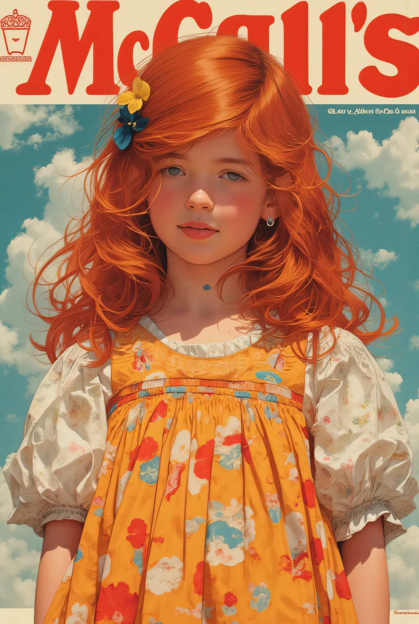 1970 magazine (cover say "McCall’s""Dress for girls"), (((full body))) a 7 year-old child, standing, front view, (looking at viewer:1.2),(long hair:1.2), red hair, messy hair, (hairclip:1.2), pale skin, jesusito,jesusito dress