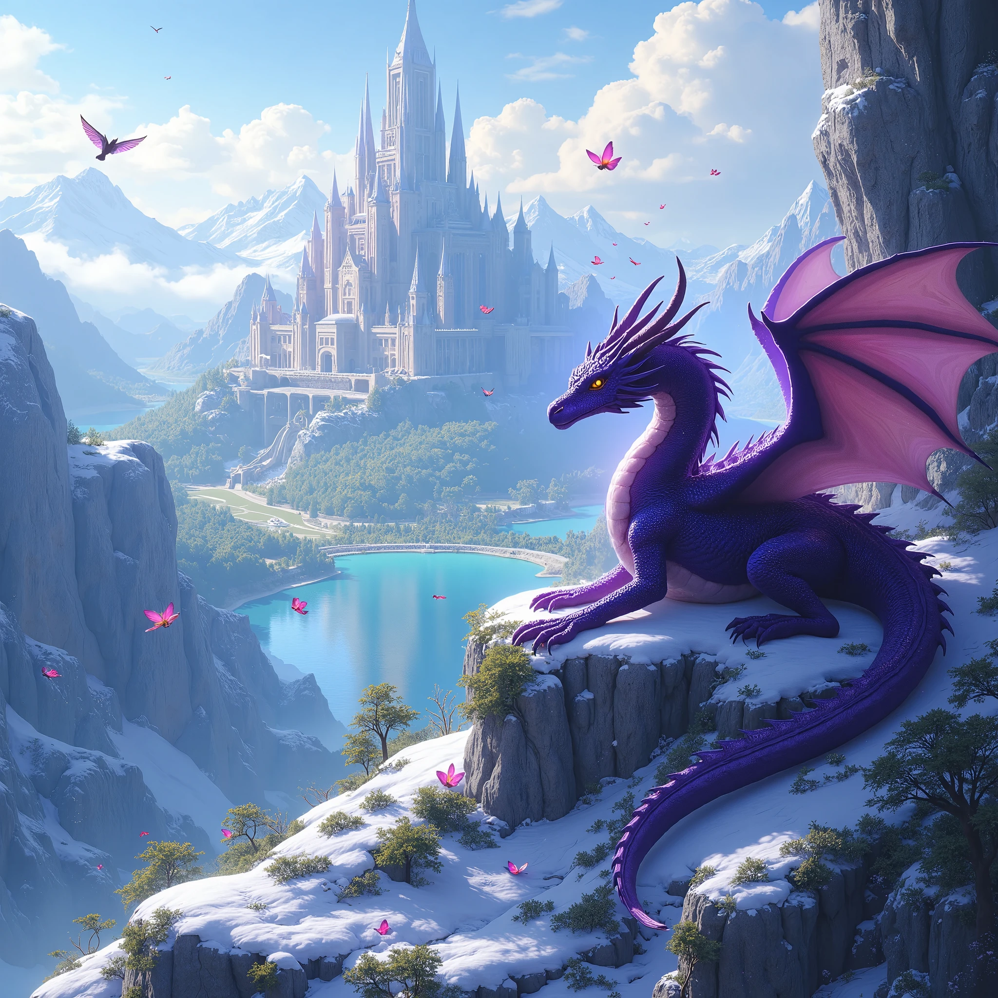 Dark Purple Dragon Alone Lies on Snowy Mountain Majestic View Huge Dragon, clouds, Beautiful Forests and Fields are visible in Dolinka, Огромный Дворец It sparkles, The Sun Shines Masterpiece, Shine, It sparkles, beauty, Maximum Details, realism, epic masterpiece, breathtaking, Magic Around the Forest Haze of Magic Dust, magic, fairytale forest, Birds are flying, Butterflies Near the Lake, 