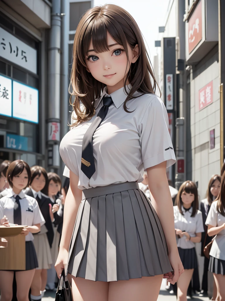 8k, Best Quality, The real picture, Intricate details, Very detailed, Ultra-high resolution, Depth Field, (Realistic,Realistic:1.2), Tabletop, Full Body Shot, 1 girl, eye_Chan, so beautiful, innocent big eyes, Beautiful breasts:1.5, 非常に詳細なeye:1.2), (Beautiful breasts:1.1), ((Brown Hair)), (Wavy, short, medium-length hair), (Asymmetrical bangs), Perfect Skin, Fair skin, Small breasts, Tight waist, Alone, Staring at the audience, (smile), ((School_Uniform), (White shirt, Wear a tie), (Grey pleated micro mini skirt), (Standing in the crowds of Tokyo)