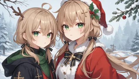 ((Light brown hair、Ahoge、Cross bangs、Small green eye、Low short pigtails＿Black ribbon hair accessory)）、Santa clothes、Multiple Cuts