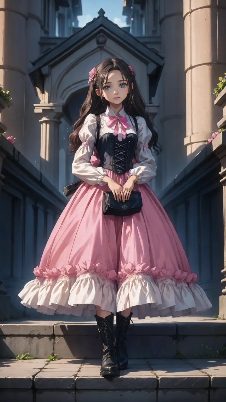 、beautiful girl、とてもcute天使、Pink Gothic Dress、cute、baby face、smile、Long skirt、Black Long Boots、