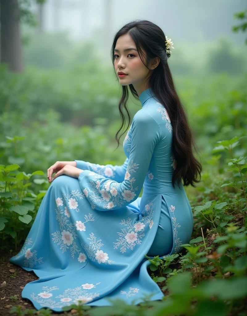 A stunning young woman with long, dark hair and delicate features wearing an intricately embroidered, soft silk traditional Vietnamese ao dai in shades of sky blue and white, posing elegantly amidst lush, vibrant greenery and subtle mist.