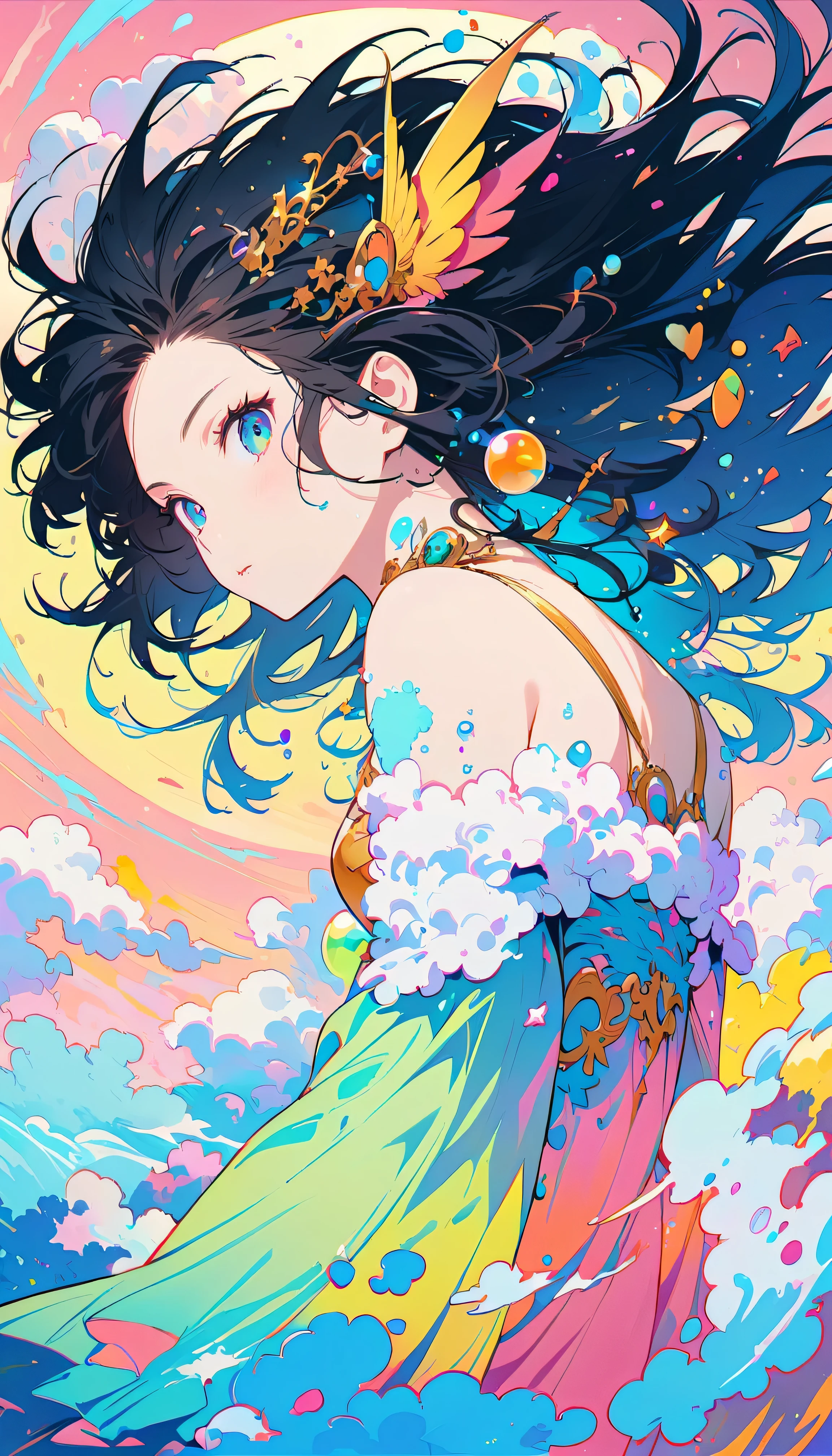 Best Quality, Super Fine, 8k, Incredibly absurd, Very detailed, 2.5D, Beautiful Goddess, Soap bubbles, Pastel colored clouds, Sunshine, Pop Art, Delicate and dynamic, Pastel Color Fantasy, Black Hair, Official Art