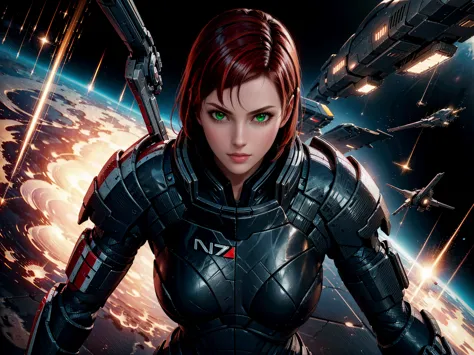 solo, jane shepard, with crimson red hair, wearing damaged n7 armor, punching a reaper dreadnought ship in space, hand-to-hand c...