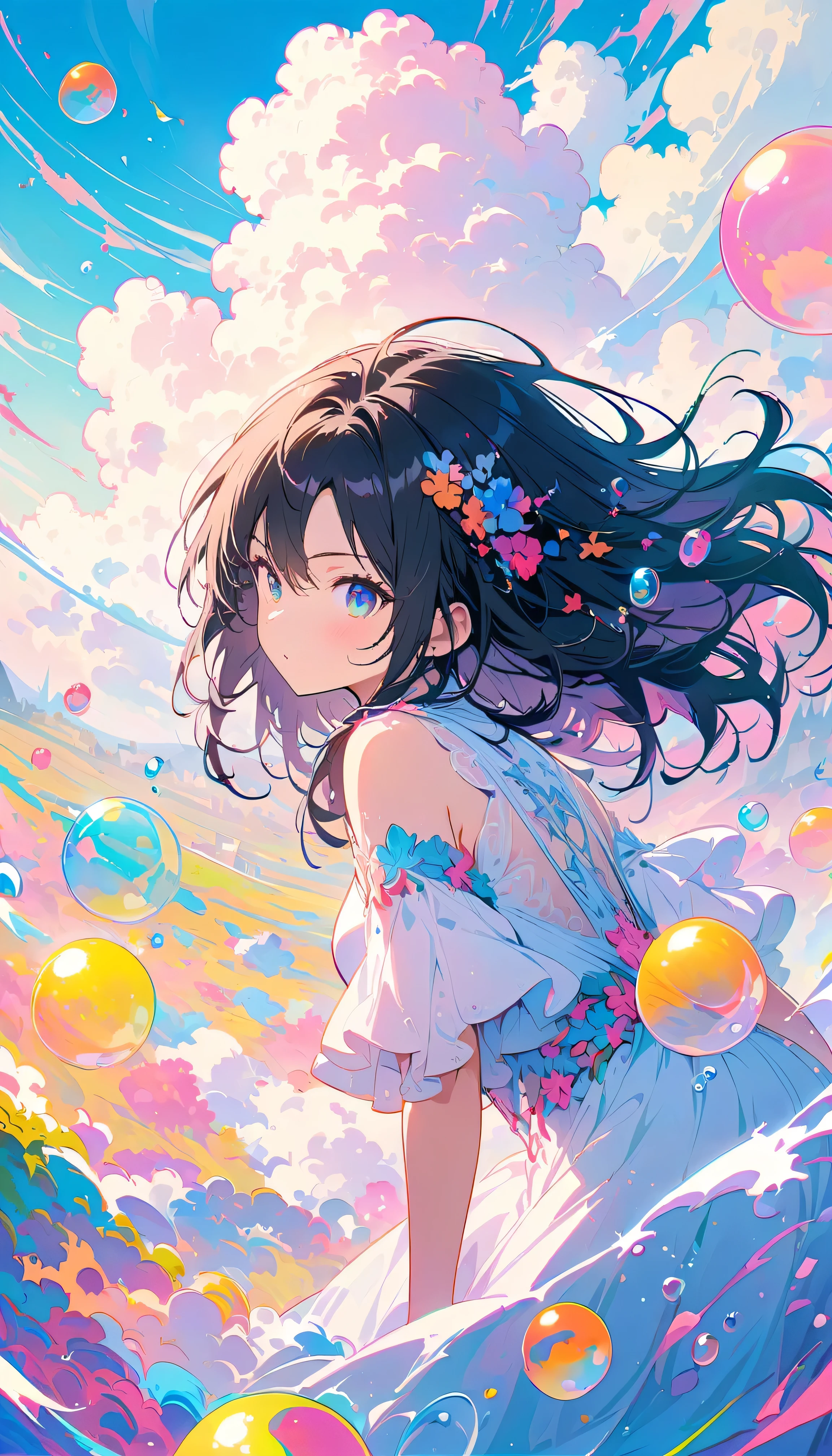 Best Quality, Super Fine, 8k, Incredibly absurd, Very detailed, 2.5D, Beautiful Goddess, Soap bubbles, Pastel colored clouds, Sunshine, Pop Art, Delicate and dynamic, Pastel Color Fantasy, Black Hair, Official Art