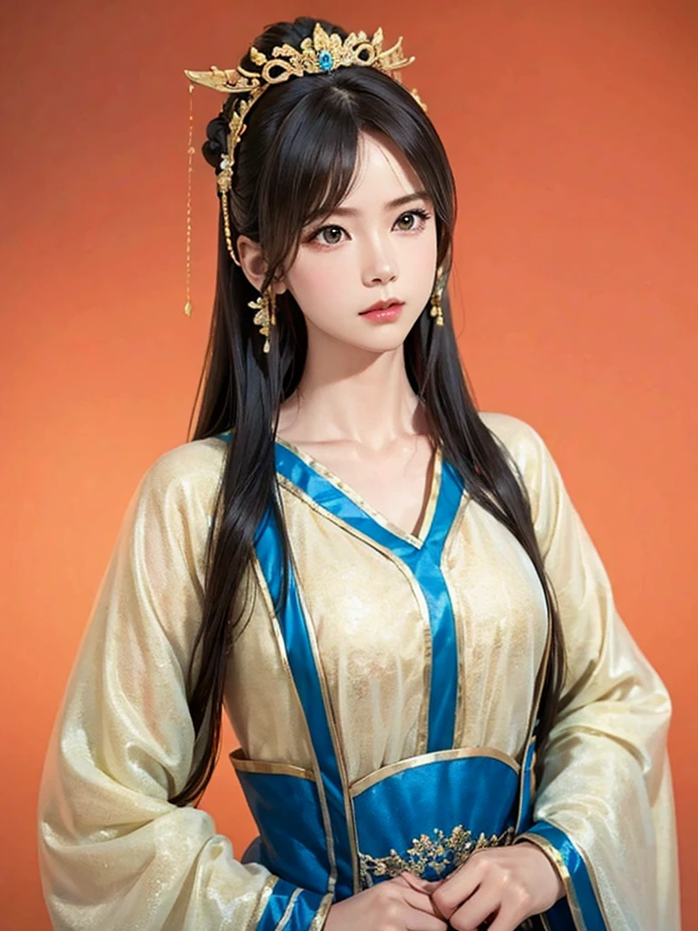 ancient chinese princess ， A girl wearing Hanfu, visual audience，, beautiful girl、Delicate body,exquisite eyes, Big 、Long hair,、Hair accessories Han Dynasty、Eternal,whole body、Lower Body，Three Kingdoms， (solid color background,, simple background), Smoky environment, Adds a touch of mystery and drama to the scene. Soft and even lighting, Casts soft shadows, Create an atmosphere of seriousness and focus.