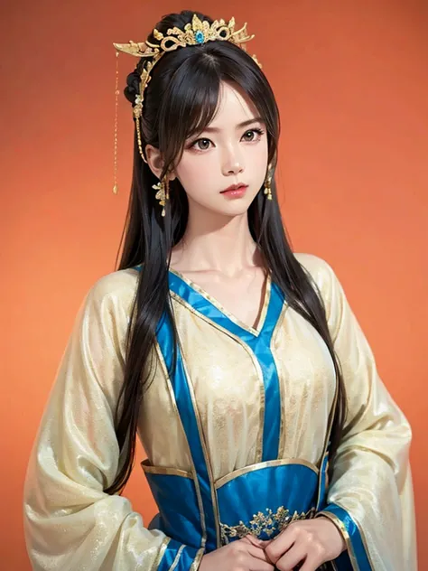 ancient chinese princess ， a girl wearing hanfu, visual audience，, beautiful girl、delicate body,exquisite eyes, big 、long hair,、...