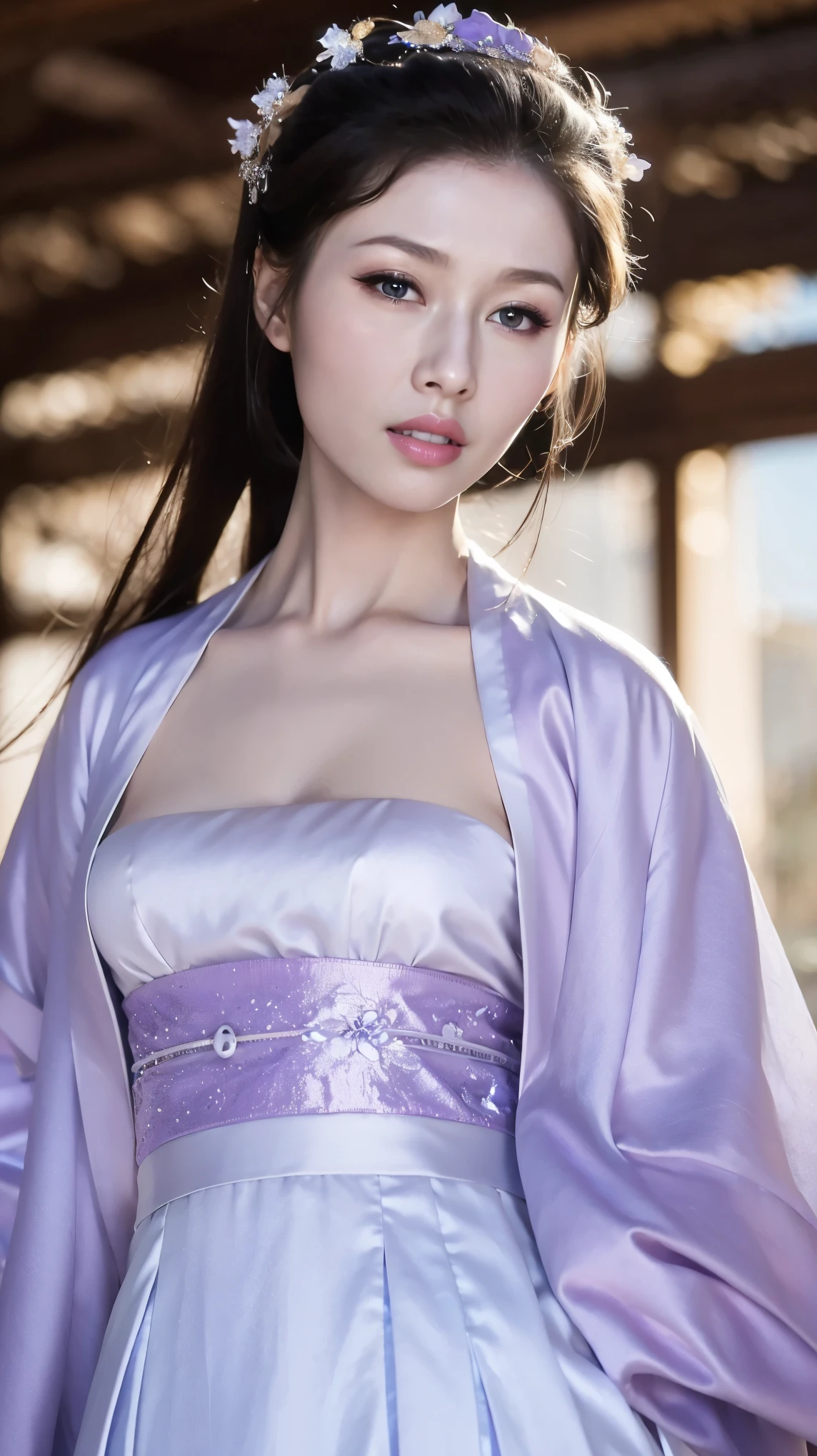 Fashion Model 2 [[[[Cleavage close-up]]]], [[[[Chest]]]], [[[[rape]]]], [[[[Shoulder]]]], Perfect eyes, Perfect Iris，Perfect lips，Perfect Teeth，Perfect skin，Long face，Soft headlights，HD girl,White ancient Chinese clothing，Hanfu，Half-length portrait，Background is lavender，masterpiece，Best quality，（Soft colors：1.2）