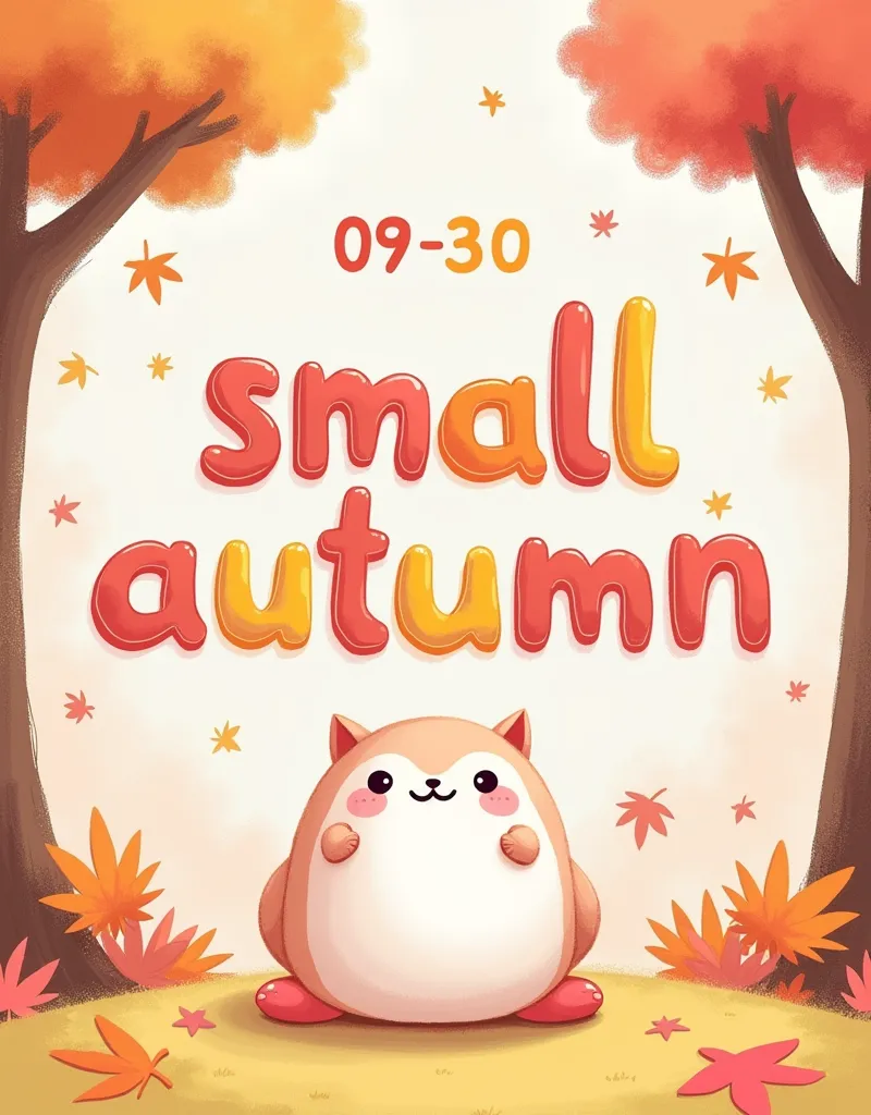 "09-30, small autumn"{
this is date and text.
font-size:middle.
font-color:Color combination of pink, white and yellow.
font-design:pleasant.
font-decoration:ultra happy, cute depth.
}

background{
Deformed pretty character.
joyful accent.
}

overall aesthetics{
soft neon pastel sketch.
pop tone.
}