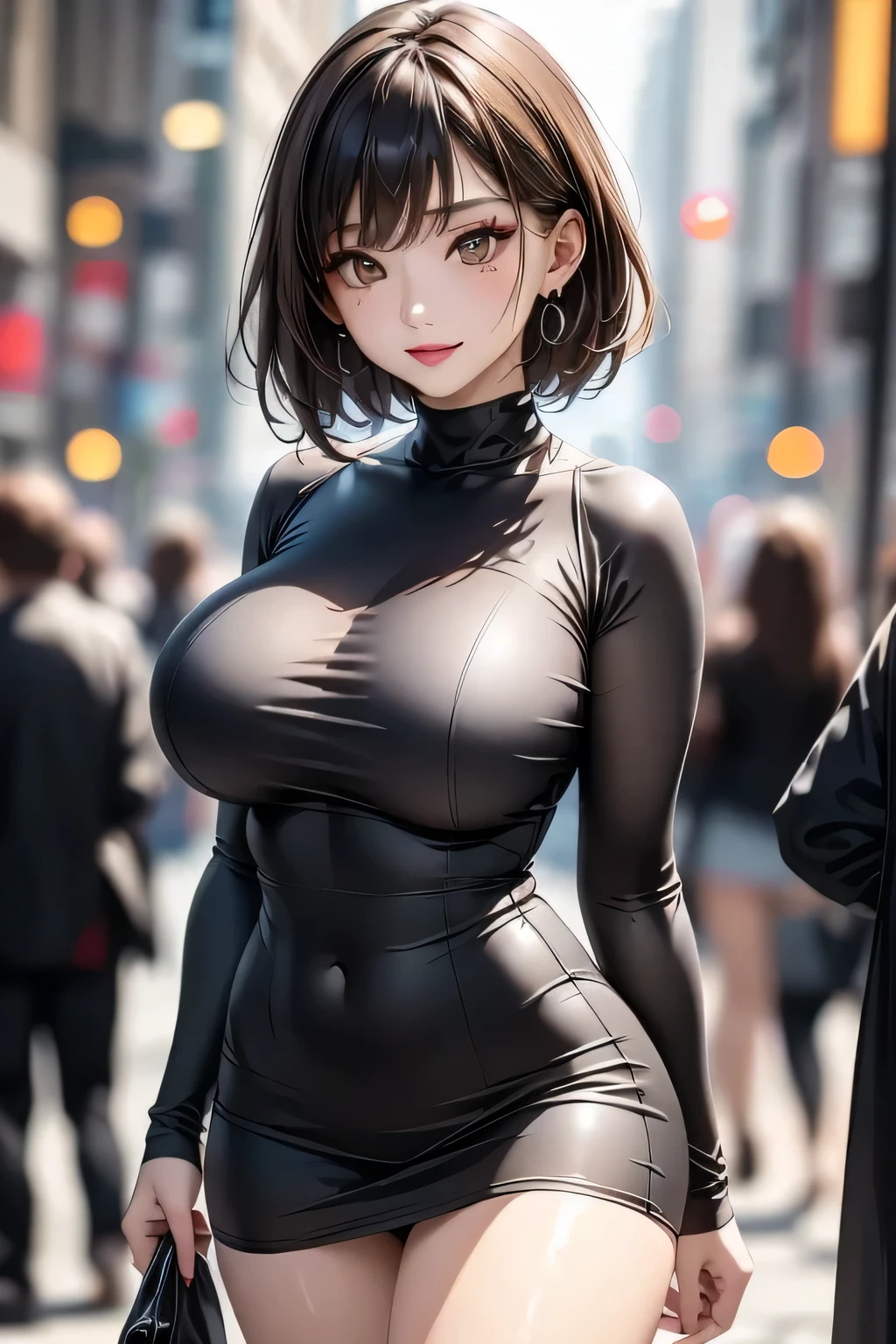 4K Ultra Sharp、Best Quality, masterpiece, Ultra-high resolution, (reality: 1.4),   girl, brown eyes, Off-the-shoulder sweater dress, Cinematic Lighting、Purple and black hair、(mine girl、Goth Makeup、My Makeup)、(Earrings、Big Breasts、An oversized black t-shirt with open shoulders、Dark mini skirt)、((Heavy makeup、Oilskin,Glittering Skin、Realistic skin texture、Detailed beautiful skin、Shiny skin)), Dark downtown at night、night、blue film photography、Kabukicho、Dark Cyberpunk、(Full Shot:1.8)、Thin legs、Thin arms、Narrow shoulders、Narrow waist、Slender body、Big Breasts、whole body、((超Big Breasts)),