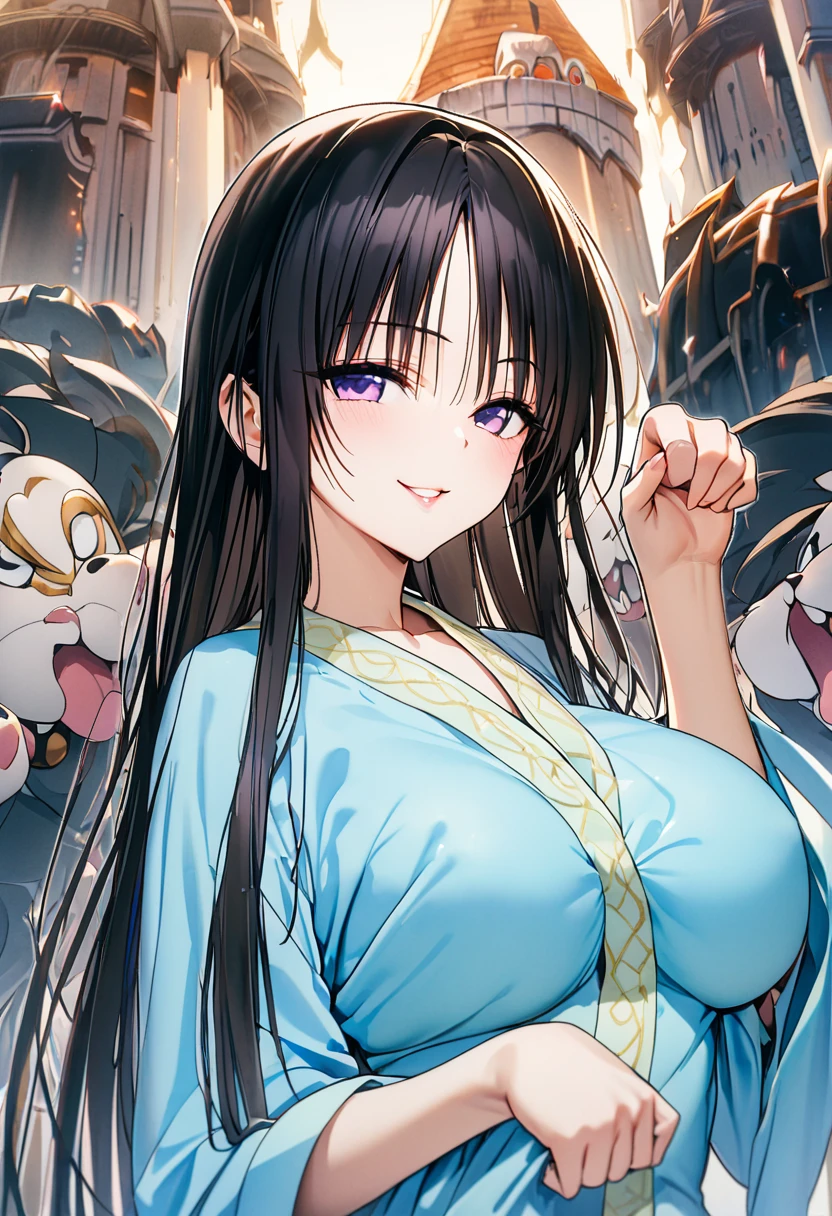 ((masterpiece,Best Quality,8k,Ultra-high resolution)), 1girl is milf  、difficult 、　((character focus　 、close to viewer))　　、　((seductive smile))　、((paw pose 　)) 、　
　、　 Black Hair　、(((long hear  、straight hear 、　parted bangs、sidelocks ))) 、Light purple eyes　、　　The body is slim　,   Big Breasts、　　 　、　　((Hanfu)) 、 froating castle