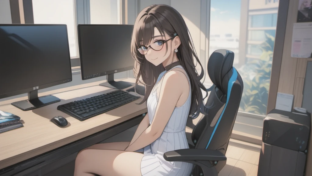 a woman with very short dress, sleeveless, clothes with trans flag colors((pink white and blue)), black eyes,(((brown skin))), long wavy black hair, wearing high heel sandals, sitting  on chair at computer station, cute smile, face blushing, bedroom background, high quality, masterpiece, anatomically correct, detailed background, better quality, original work, focus on details, wife around, upper view, earrings, wind blowing through window, eye glasses