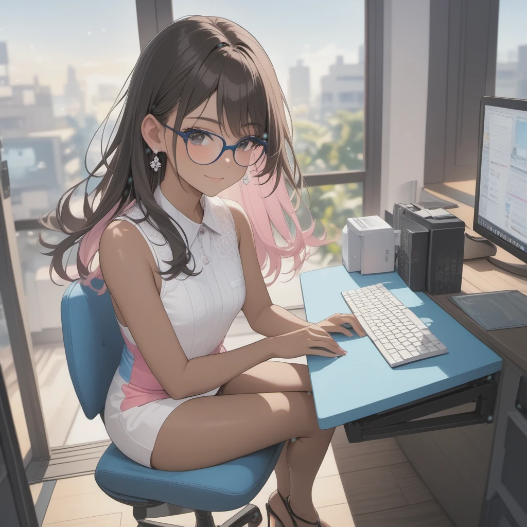 a woman with very short dress, sleeveless, clothes with trans flag colors((pink white and blue)), black eyes,(((brown skin))), long wavy black hair, wearing high heel sandals, sitting  on chair at computer station, cute smile, face blushing, bedroom background, high quality, masterpiece, anatomically correct, detailed background, better quality, original work, focus on details, wife around, upper view, earrings, wind blowing through window, eye glasses