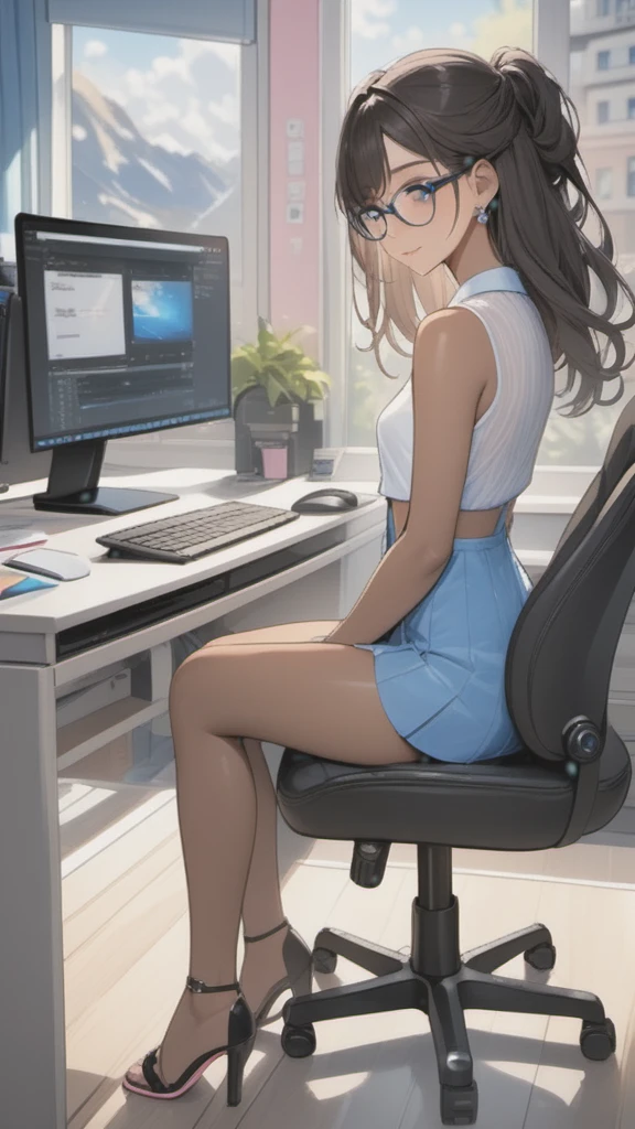 a woman with very short dress, sleeveless, clothes with trans flag colors((pink white and blue)), black eyes,(((brown skin))), long wavy black hair, wearing high heel sandals, sitting  on chair at computer station, cute smile, face blushing, bedroom background, high quality, masterpiece, anatomically correct, detailed background, better quality, original work, focus on details, wife around, upper view, earrings, wind blowing through window, eye glasses