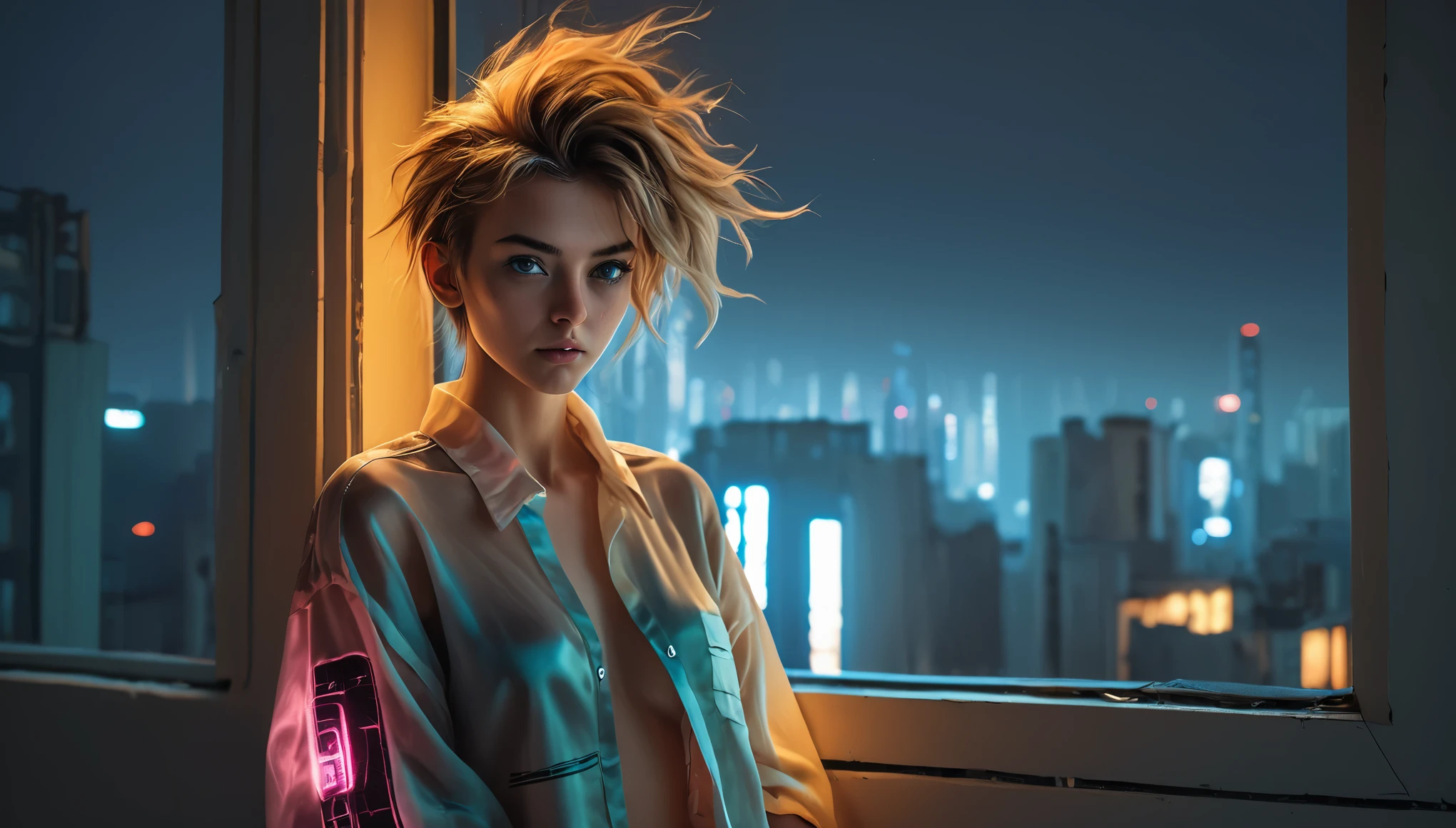 Top Quality, Masterpiece, High Resolution, 8k, (((skinny girl in an oversized sheer silk crop shirt with plunging cleavage, random neon color, short sleeves, see-through, wide neckline, deep neckline, big natural breasts, beautiful detailed eyes, small closed mouth, extremely detailed face, random red hair style, small hips, in a cyberpunk apartment next to a window))), intricate details, at night, random pose, full body view