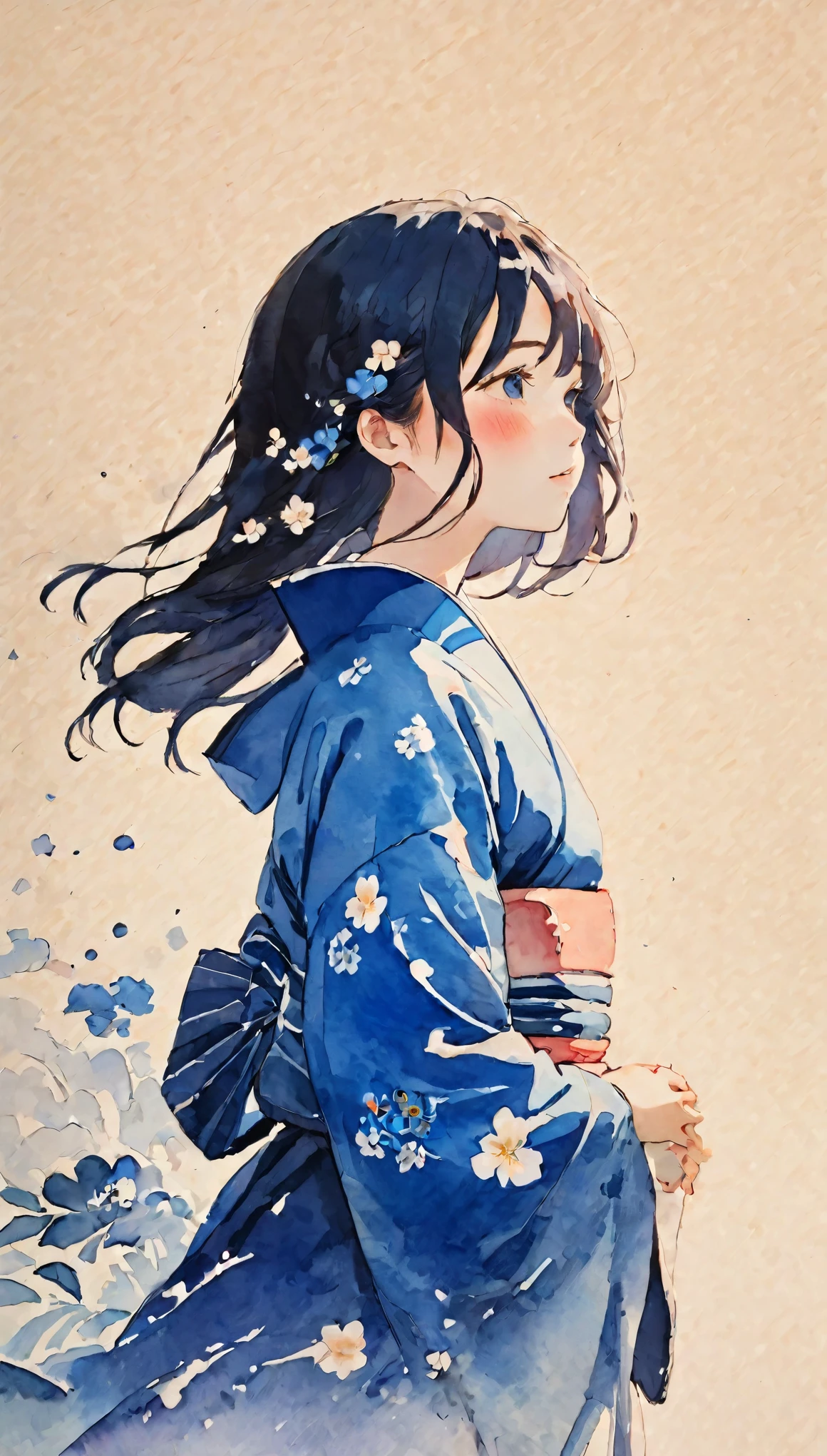 Splatter background and spray paint effect, Katsushika Hokusai, Tunic, Body above the knees, Multicolored Hair,Teary-eyed, dusk, watercolor, watercolor, watercolor風, watercolorの詳細なアート, watercolor digital painting, watercolor paints, 非常に精巧なwatercolor, watercolor，Japanese women，1, Long Hair,Black-haired、Blue as a base、Blue petals fluttering:0.2