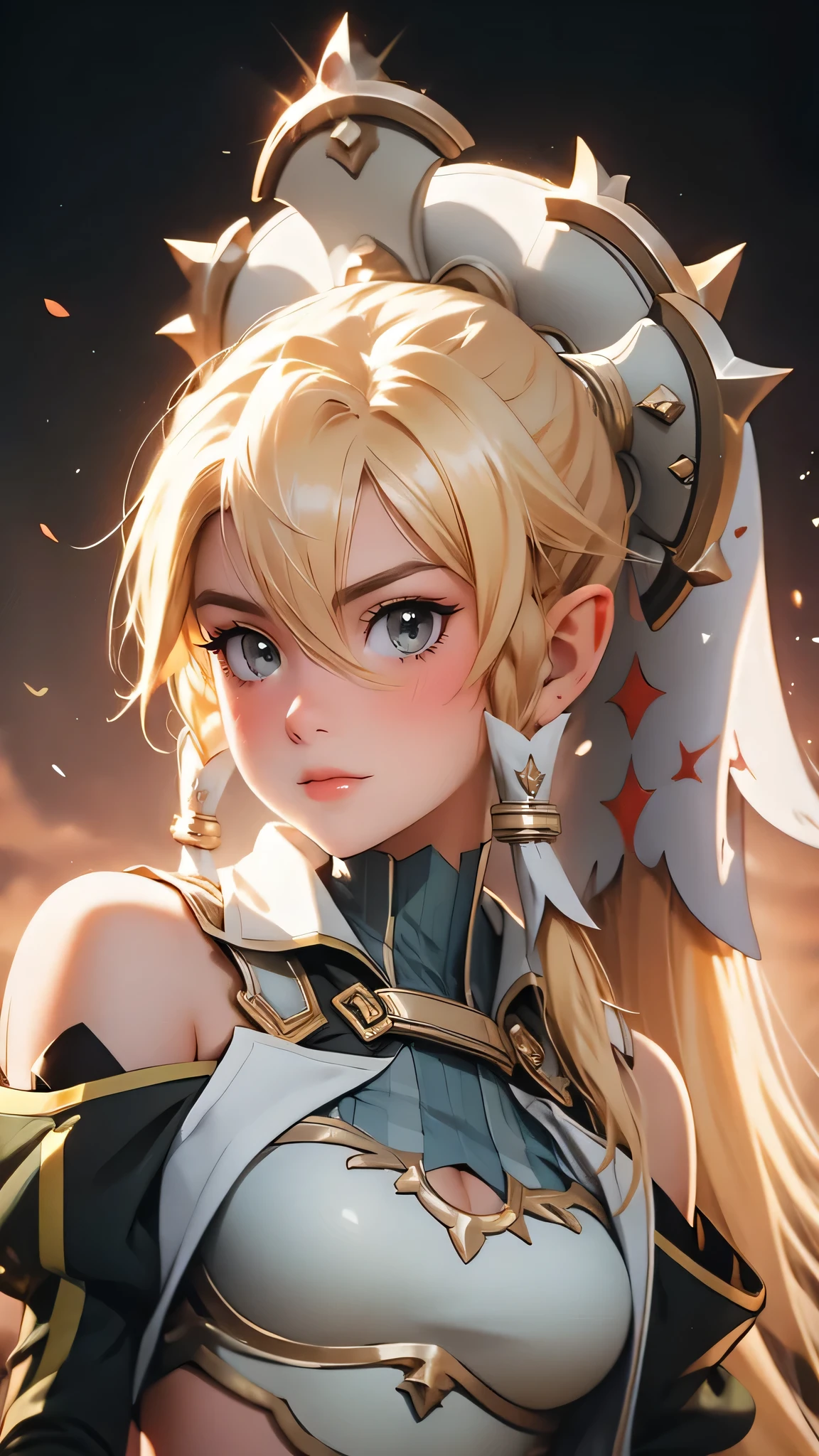 ((Masterpiece)), envision a 8k, highres, cinematic, extremely beautiful semi realistic close up portrait of a beautiful lady with a soft face, Elf ears, slender body, athletic body, armour, ((ponytail blonde hair)), blush, smile, flustered, side locks, long bangs, round face, long sweeping bangs, red eyes, soft lips, lip gloss, thick eyebrows, round face, ((((1girl)))), in dark lighting, against a dark gray background