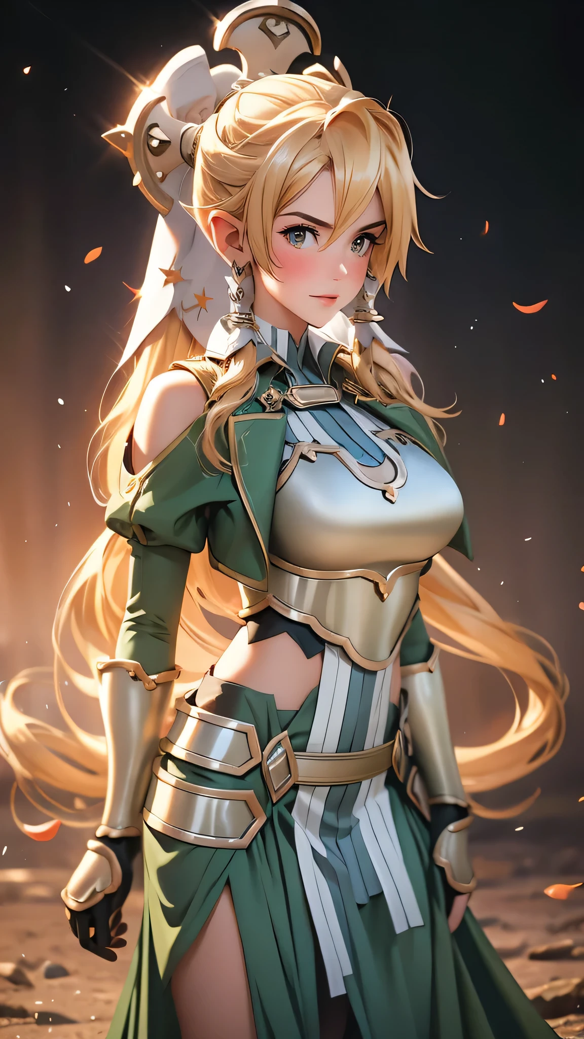 ((Masterpiece)), envision a 8k, highres, cinematic, extremely beautiful semi realistic full body pinup of a beautiful lady with a soft face, Elf ears, slender body, athletic body, armour, ((ponytail blonde hair)), blush, smile, flustered, side locks, long bangs, round face, long sweeping bangs, red eyes, soft lips, lip gloss, thick eyebrows, round face, ((((1girl)))), in dark lighting, against a dark gray background