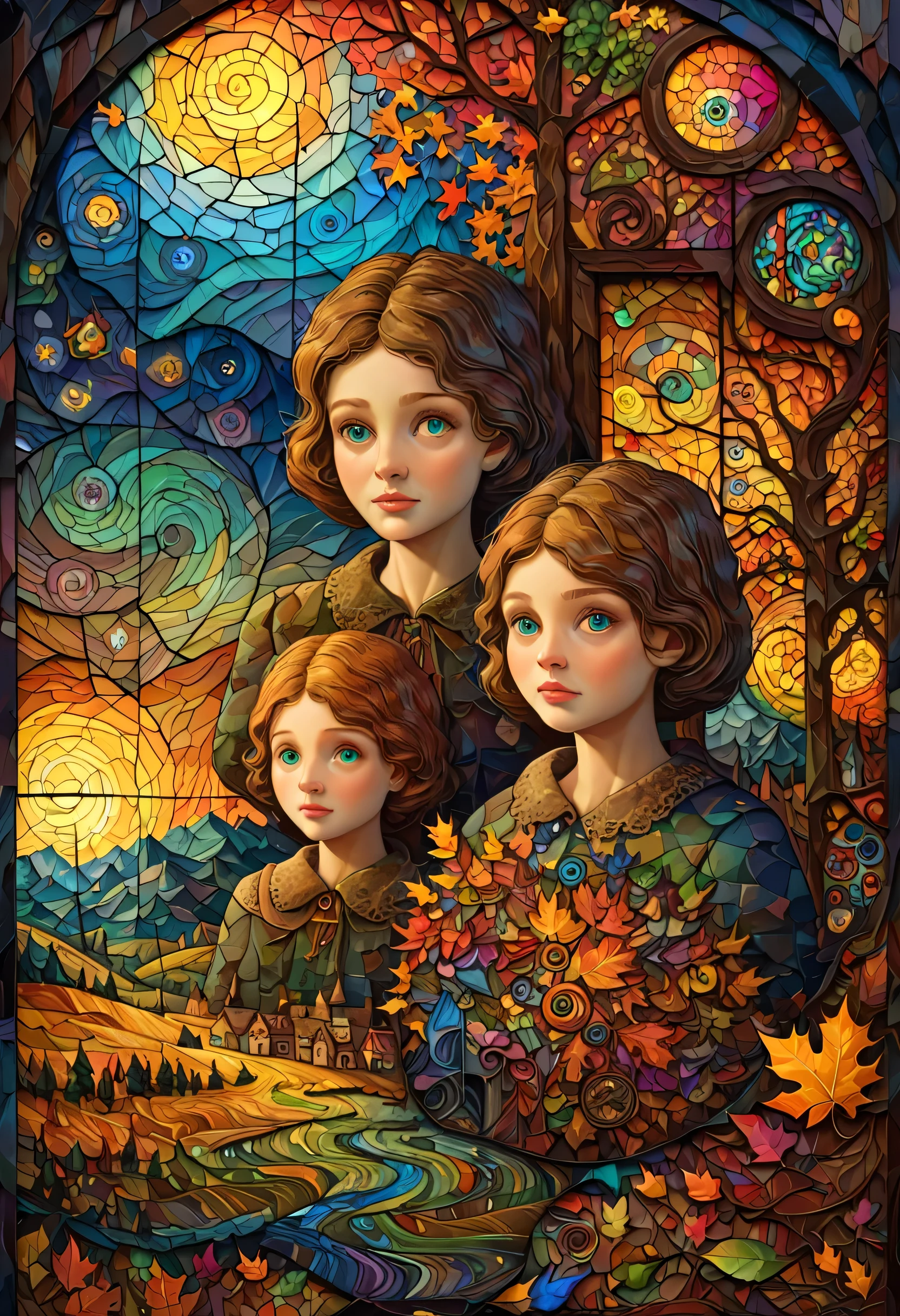 art, Oil, Best Quality, A dark tale, Van Gogh-style autumn landscape、((Beautiful sisters portrait))、Beautiful older sister and younger sister、and Mumford, Andy Kehoe, 2D, flat, Vintage Art, Art on cracked paper, Patchwork, Stained Glass,  Very detailed, Delicate details, Beautiful details, Mysterious, Luminism, Vibrant colors, Complex background,Surrealism、