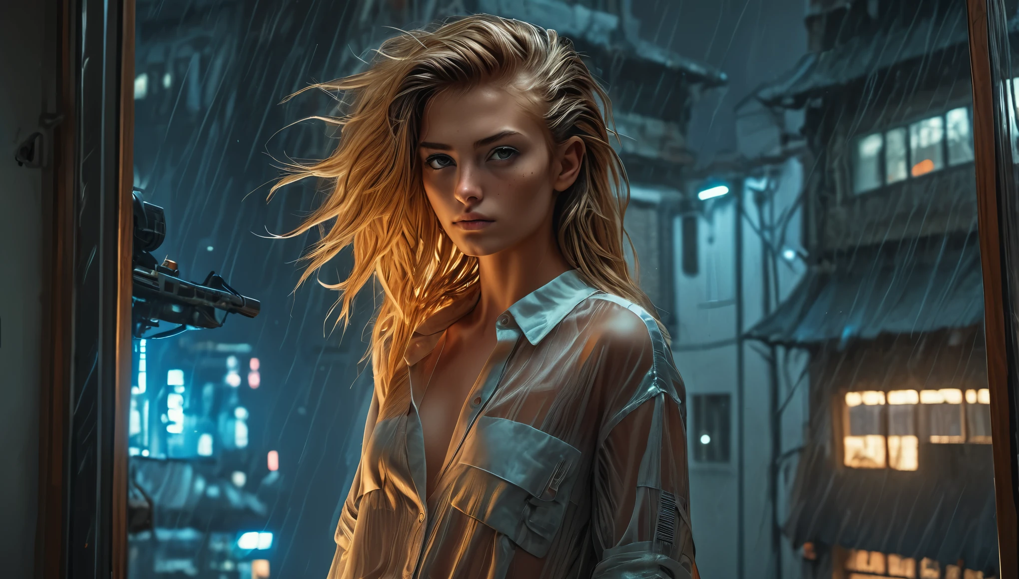 Top Quality, Masterpiece, High Resolution, 8k, (((skinny girl in an oversized sheer silk crop shirt with plunging cleavage, random neon color, short sleeves, see-through, wide neckline, deep neckline, big natural breasts, beautiful detailed eyes, small closed mouth, extremely detailed face, random red hair style, small hips, in a cyberpunk apartment next to a window))), intricate details, at night, random pose, full body view