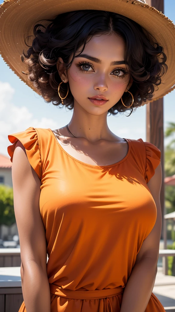 a close up of a woman wearing a hat and orange top, with straw hat, gorgeous woman, cute woman, photo of a beautiful woman, beautiful tan mexican woman, tan complexion, gorgeous beautiful woman, gorgeous lady, attractive woman, attractive girl, gorgeous female, with afro, stunning woman, 30-year-old woman from cuba, with hat